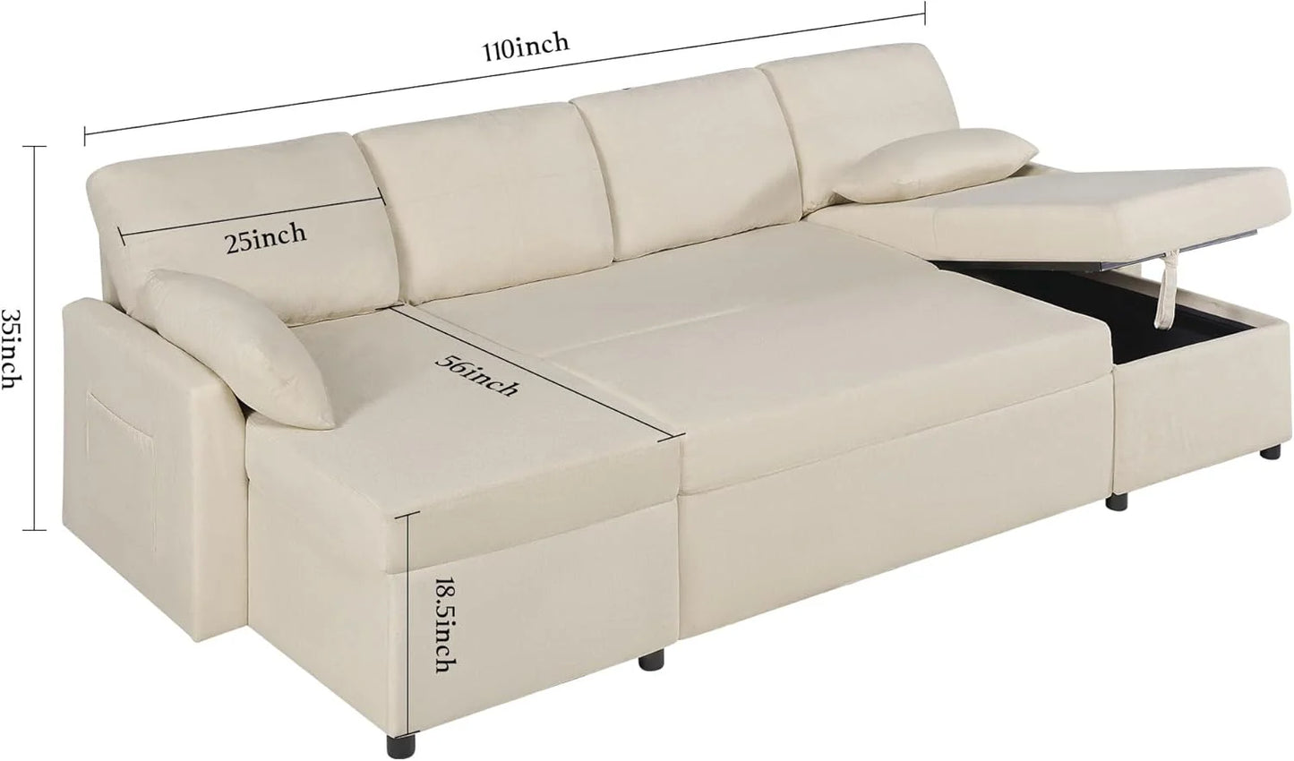VanAcc Sofa Bed, Sleeper Sofa with Storage Chaise- 2 in 1 Pull Out Couch Living Room, Comfy Sleeper Couch