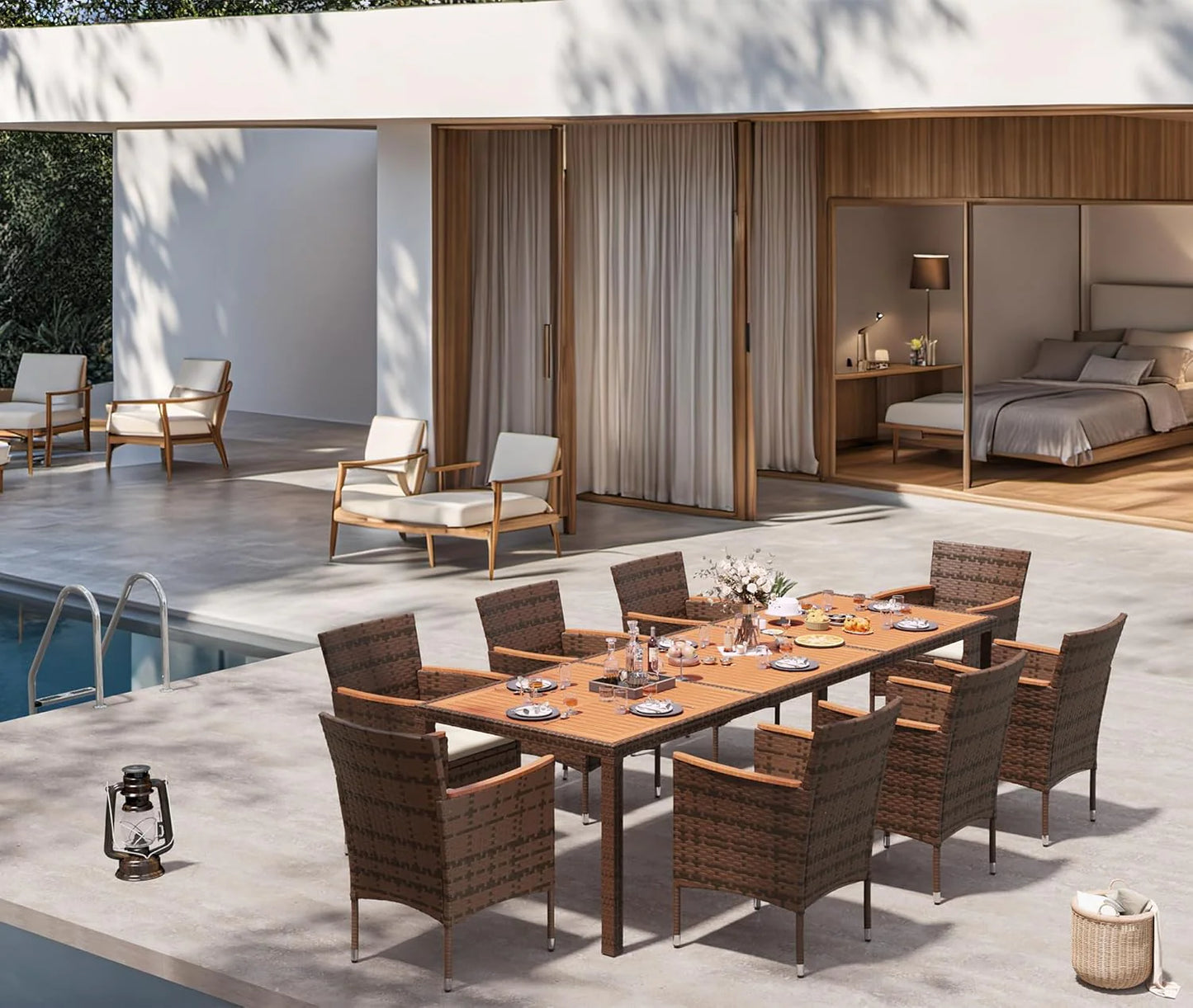 Devoko Dining 7 PCS Furniture, Patio Conversation Set with Acacia Wood Table Top, Rattan Outdoor, Black