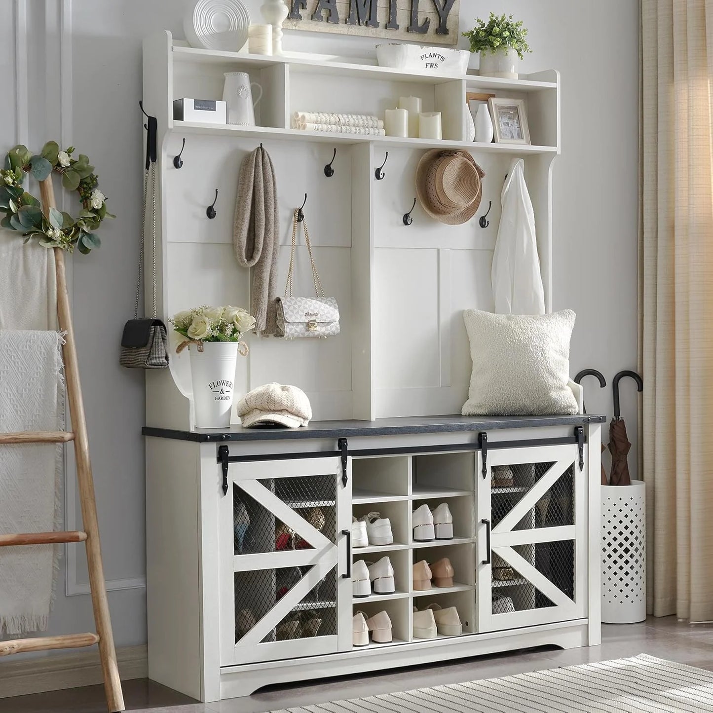 JXQTLINGMU 59-inch Farmhouse Foyer Tree with Shoe Storage, Entryway Bench Foyer Coat Rack Cabinet