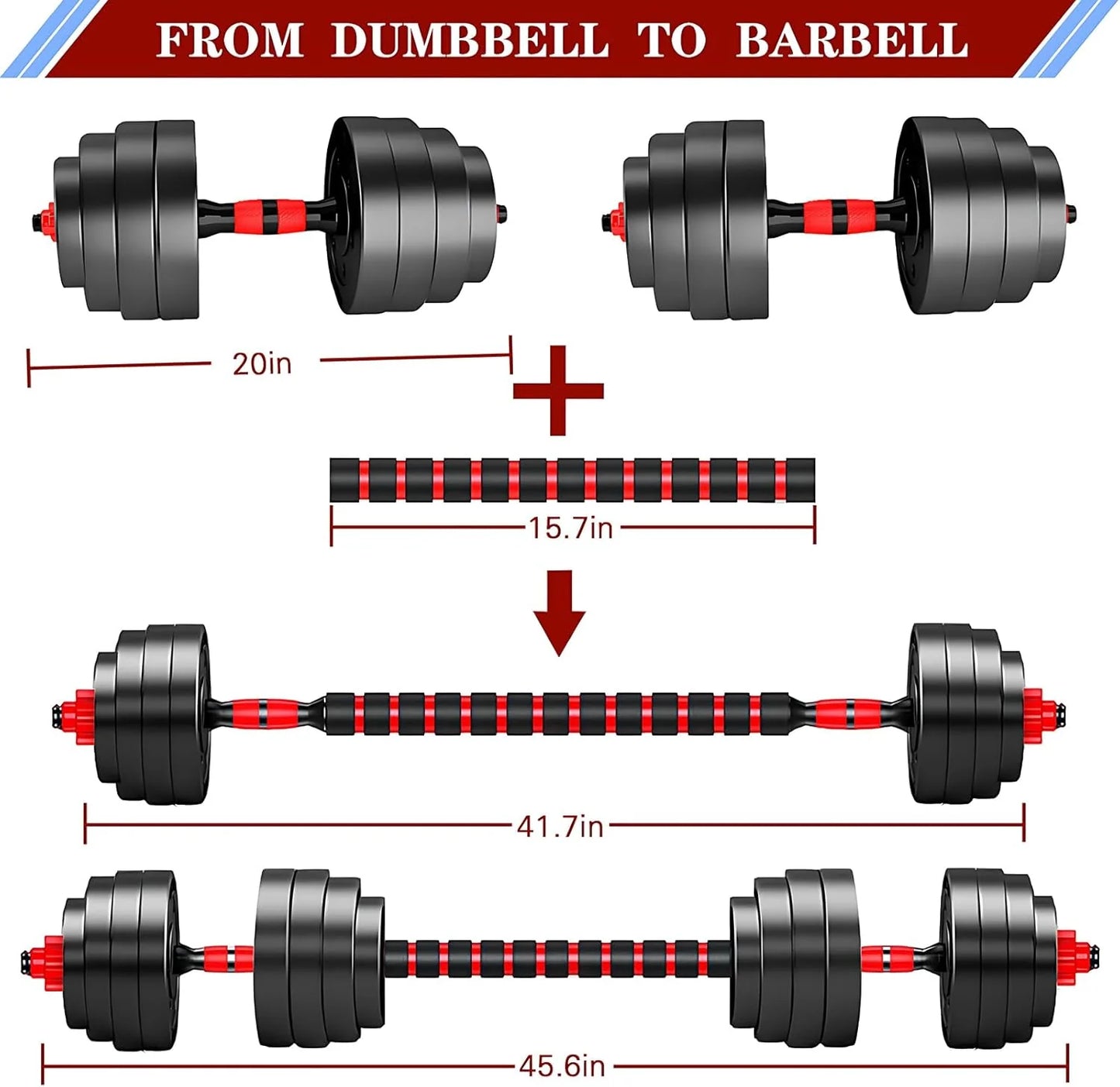 Adjustable dumbbell set, free weight dumbbell pair convertible into barbell