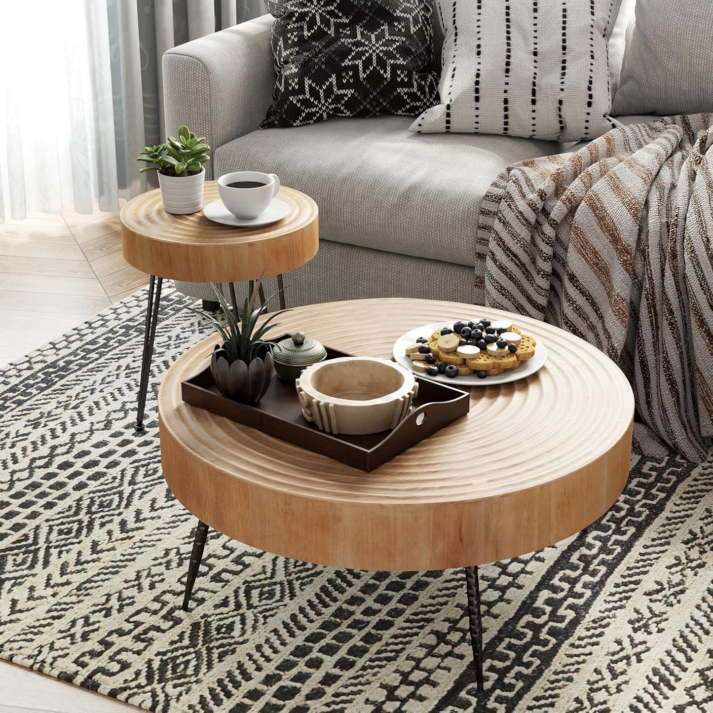 Two-Piece Modern Farmhouse Living Room Coffee Table Set, Round Nesting Tables