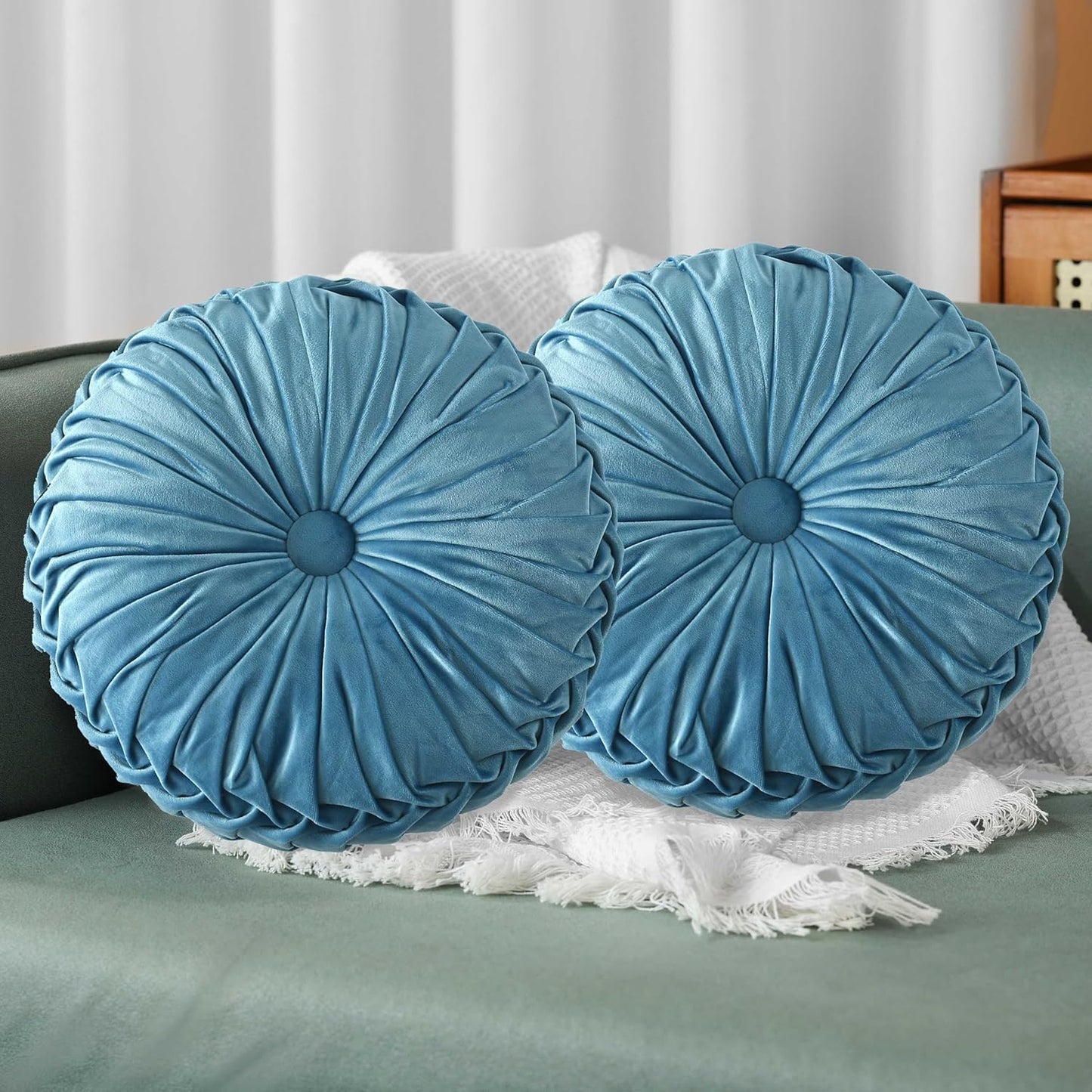 Set of 2 Decorative Round Pleated Throw Pillows