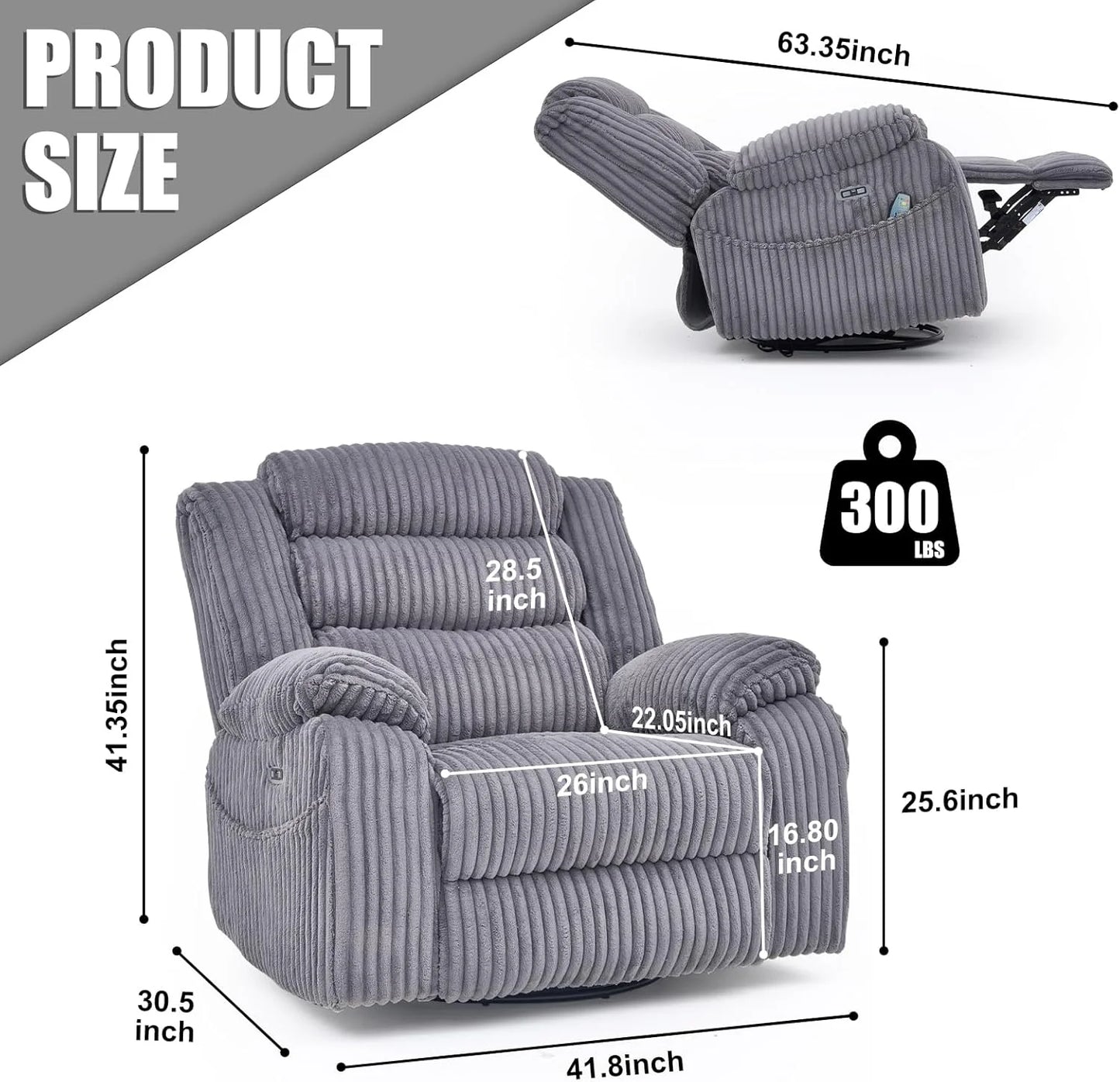 Electric rotary rocker lounge chair for adults with massage and calories, USB and C charging ports