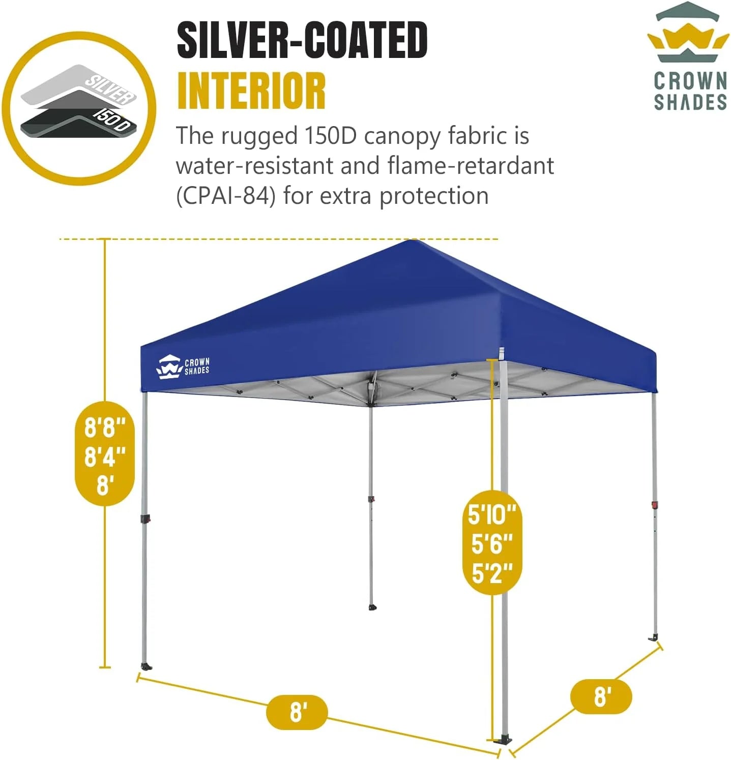 10x10 Pop-Up Awning - One-Click Installation Beach Tent - Outdoor Sunshade Silver Coated Top, 3 Heights and 4 Sand Pockets