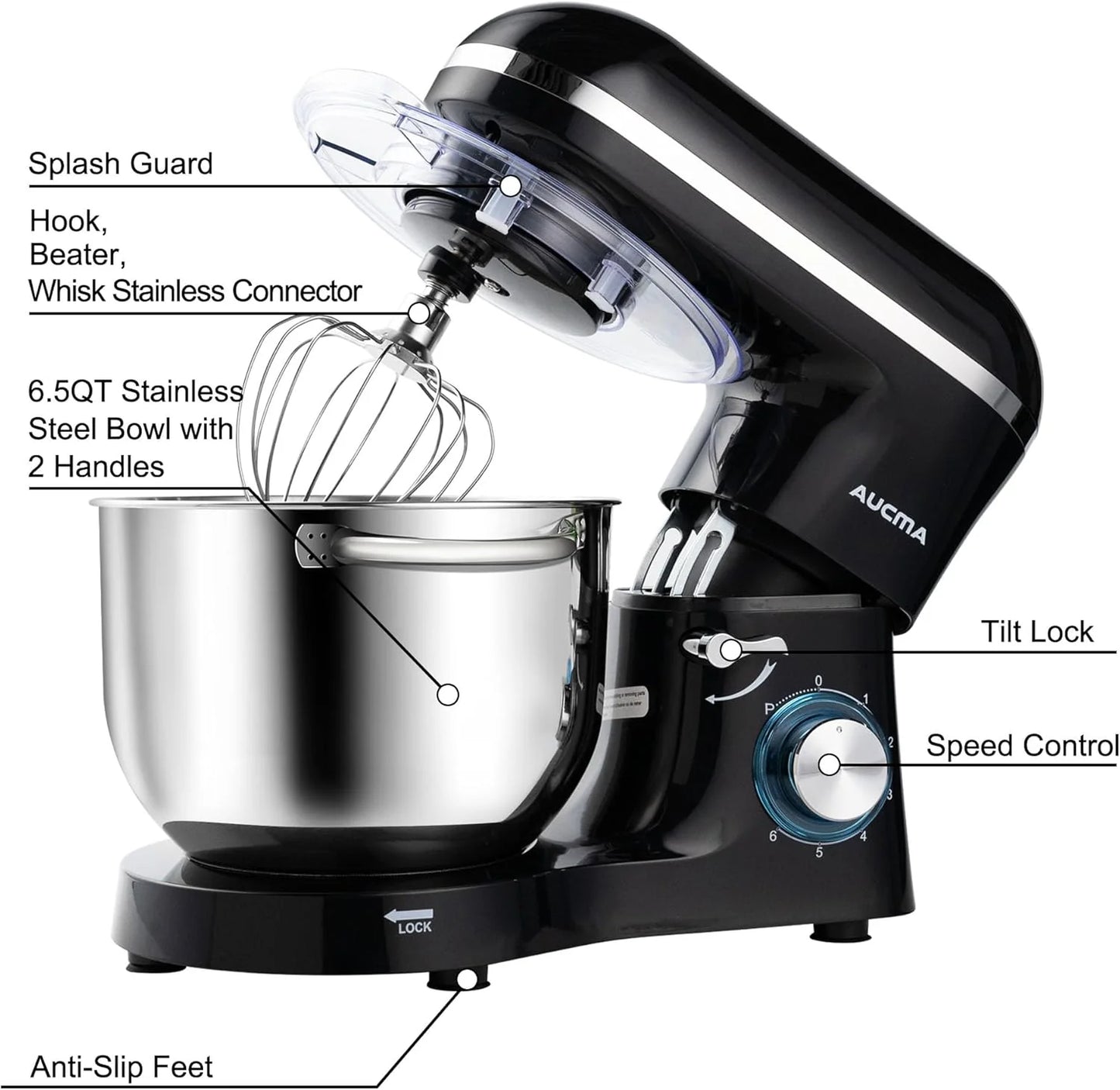 Aucma Stand Mixer,6.5-QT 660W 6-Speed Tilt-Head Food Mixer, Kitchen Electric Mixer with Dough Hook