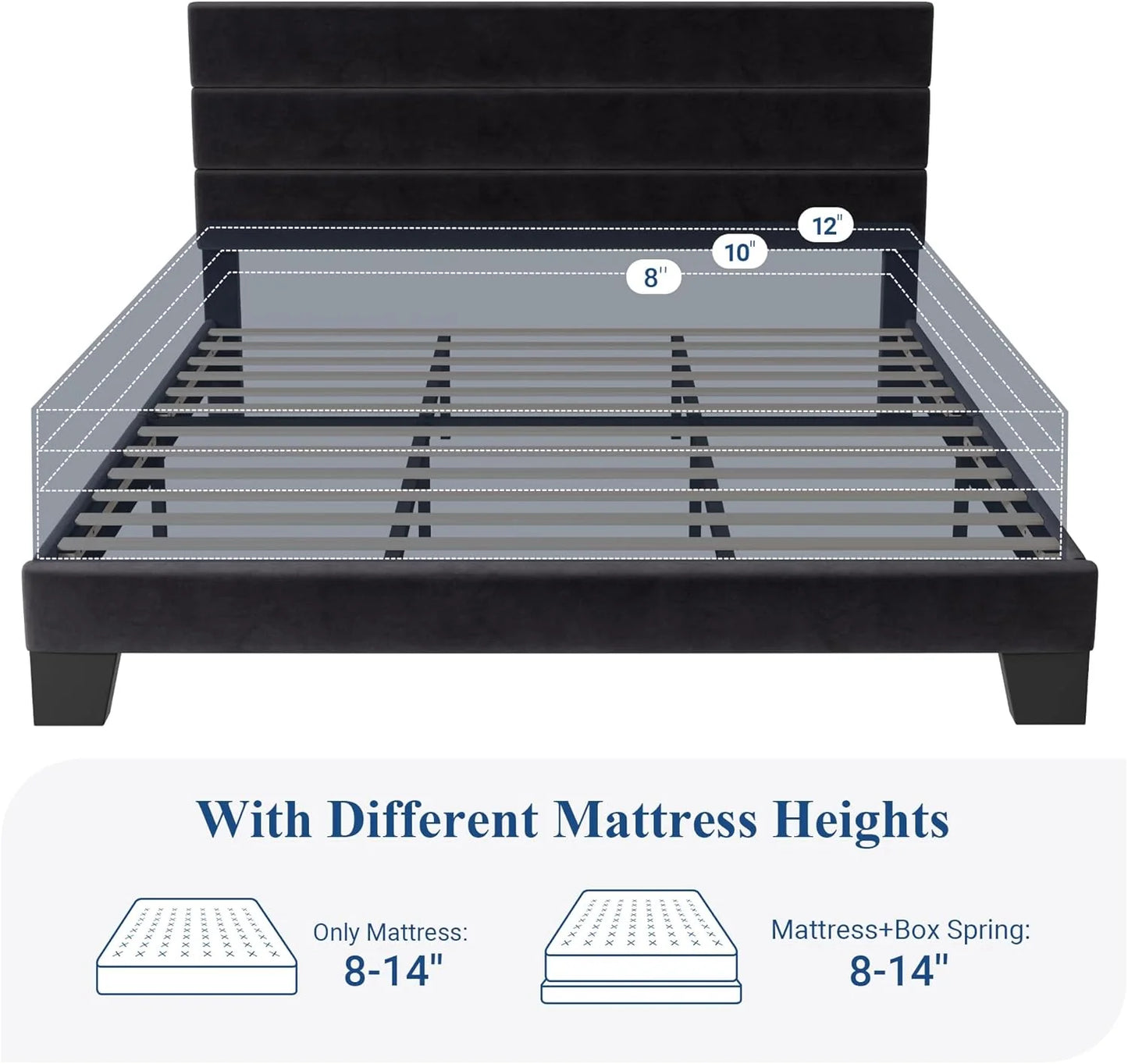 Allewie King size platform bed frame with velvet upholstered headboard and planks