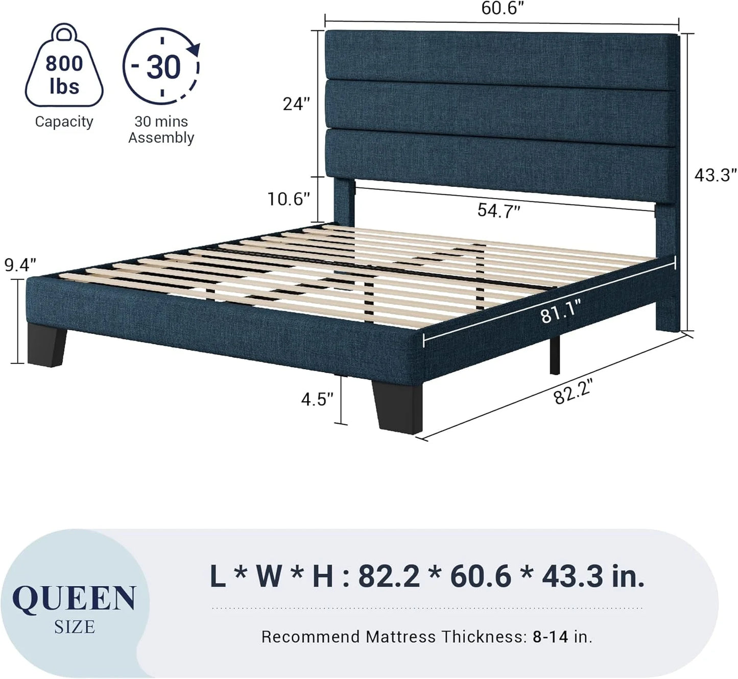 Allewie King size platform bed frame with velvet upholstered headboard and planks