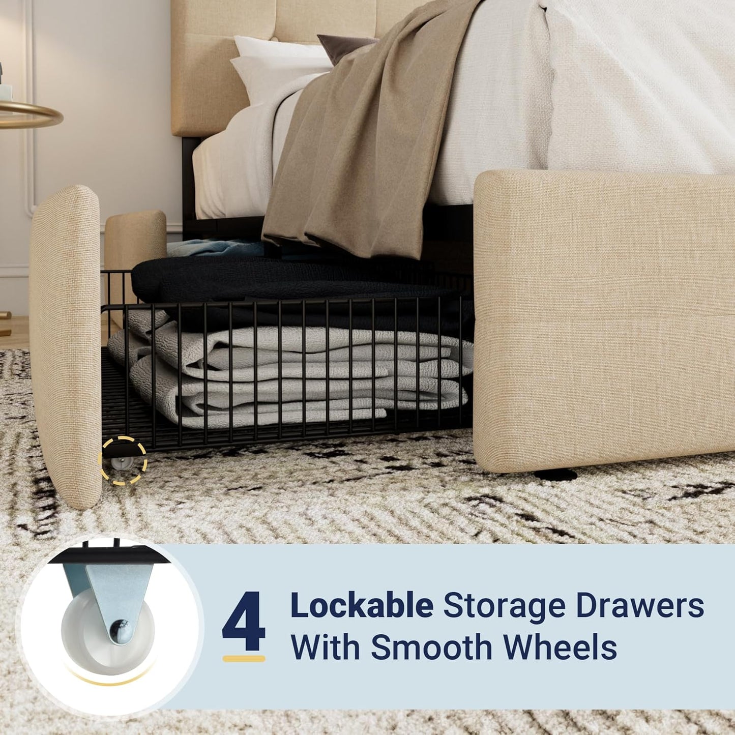 Allewie Upholstered Queen Size Platform Bed Frame with 4 Storage Drawers and Headboard, Square Stitched Button Tufted, Mattress Foundation with Wooden Slats Support, No Box Spring Needed