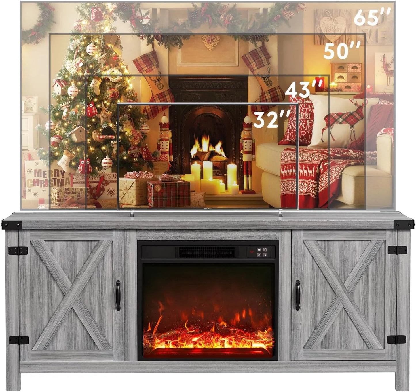 YESHOMY Fireplace TV Stand with Two Barn Doors and Storage Cabinets for Televisions up to 65+ Inch, Entertainment Center Console Table, Media Furniture for Living Room, 58 Inch