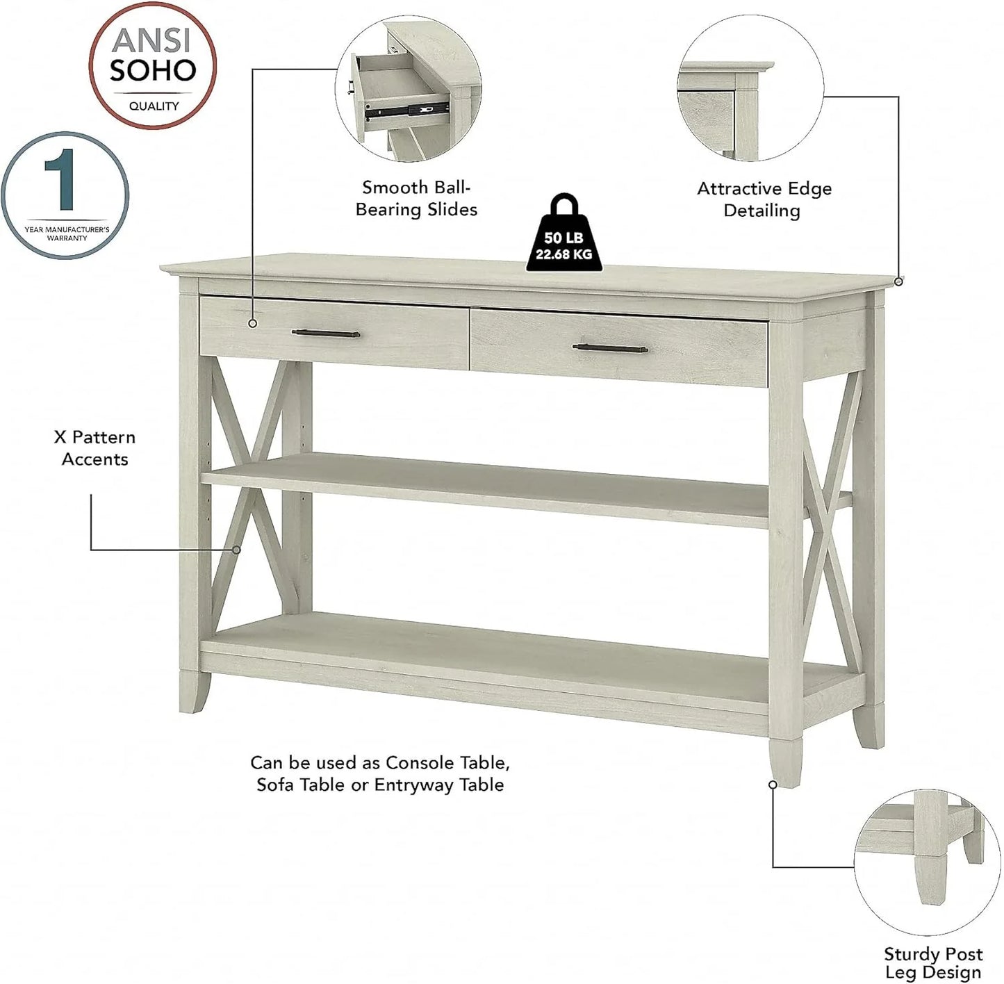 Key West Console Table with Drawers and Shelves in Linen White Oak