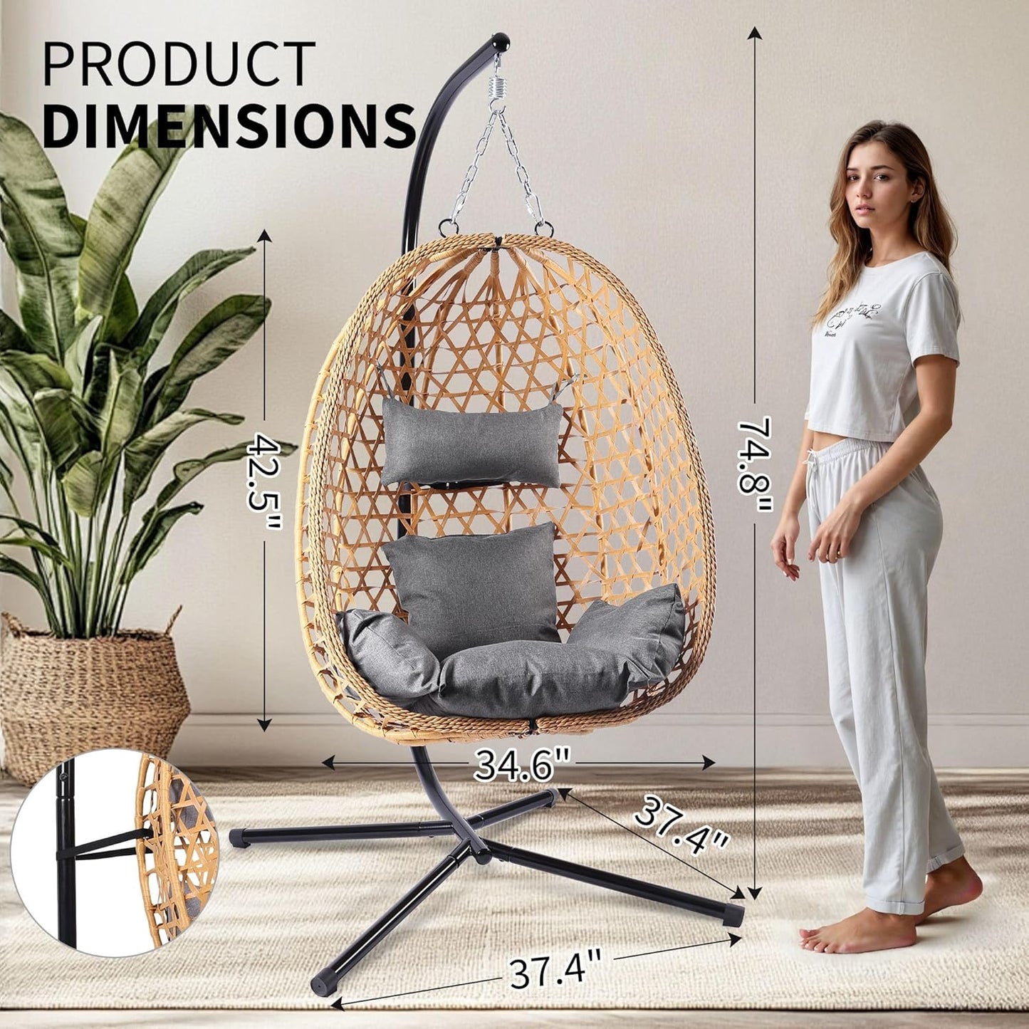 Egg Chair with Stand, Patio Wicker Hanging Chair, Hammock Swing Chair, 350LBS Capacity for Bedroom, Balcony, Garden