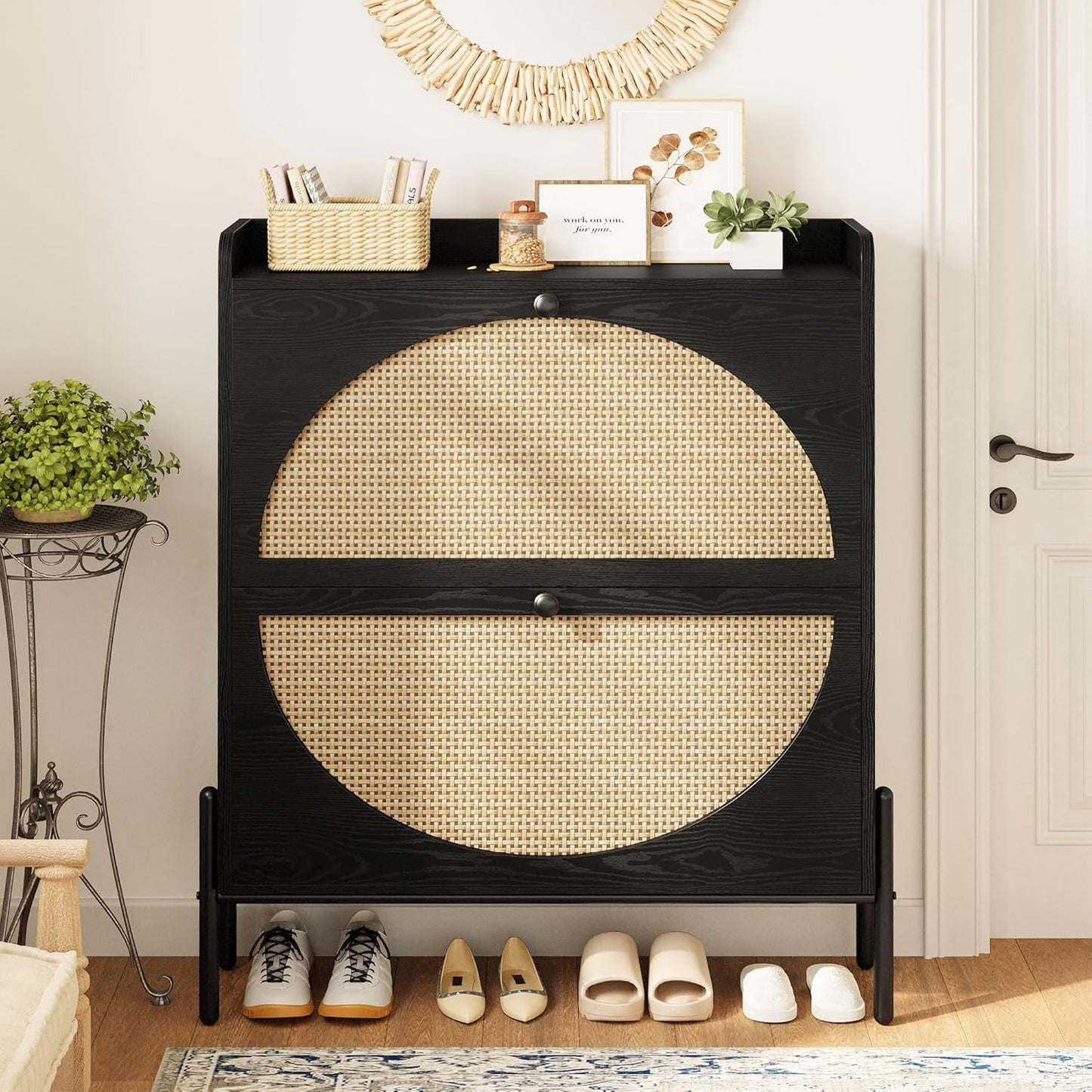 IRONCK Shoe Cabinet Storage with 2 Flip Drawers, Free Standing Wooden Shoe Storage Organizer Cabinet with Rattan Doors for Entryway, Narrow Shoe Rack Cabinet, Oak