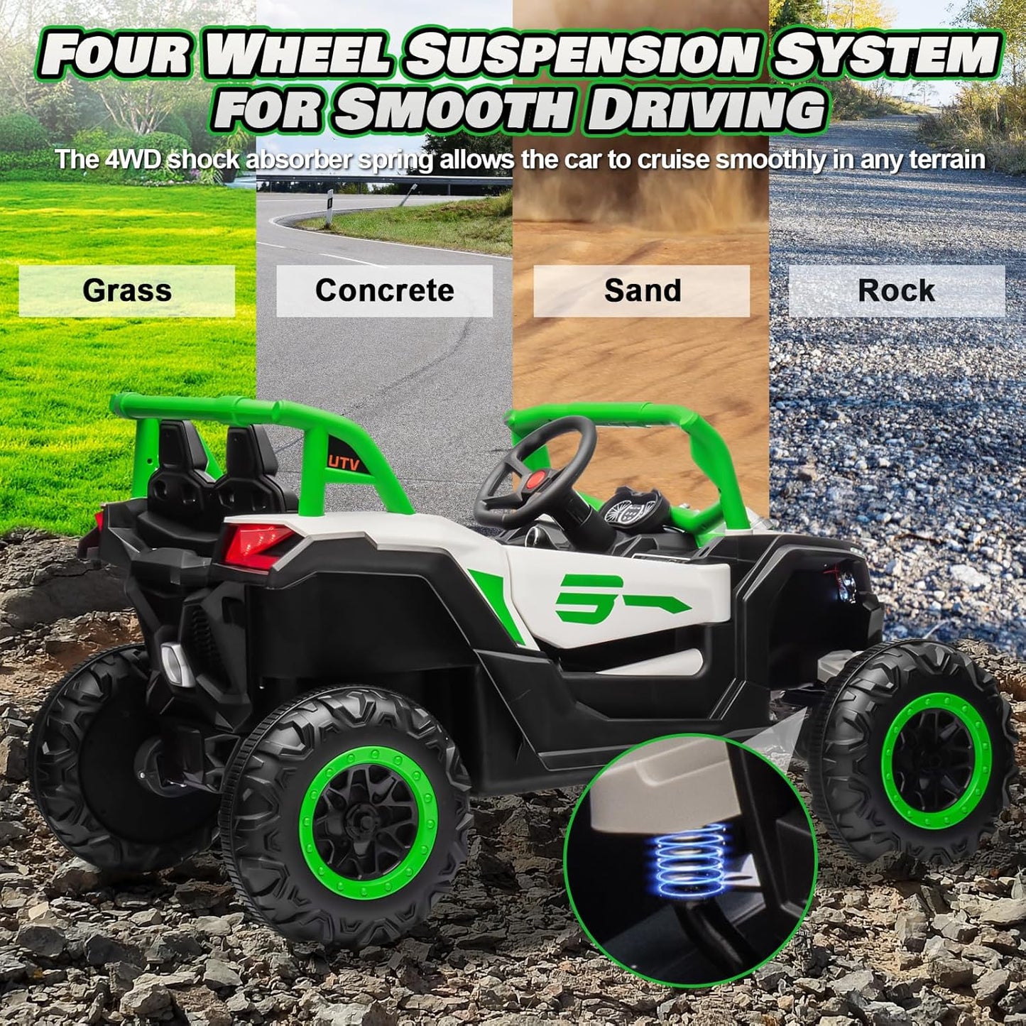 JOYRACER Kids Remote Control Car with 4 x 150W Motors, Shock Absorbers, Bluetooth, MP3 Player, and Headlights