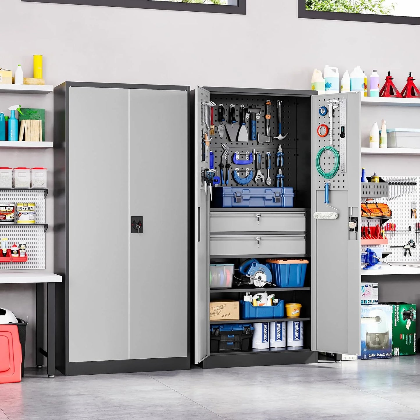 Yizosh Metal Garage Storage Cabinet with Locking Doors and 2 Drawers, Heavy Duty Steel Tool Cabinet with Pegboard, 71" - Lockable Cabinets