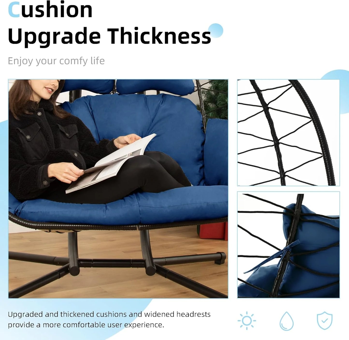 Double Egg Chair wth Stand Hammock Swing Chair Foldable Hanging Loveseat, UV Resistant Removable Cushions, 700LBS Capacity for Bedroom