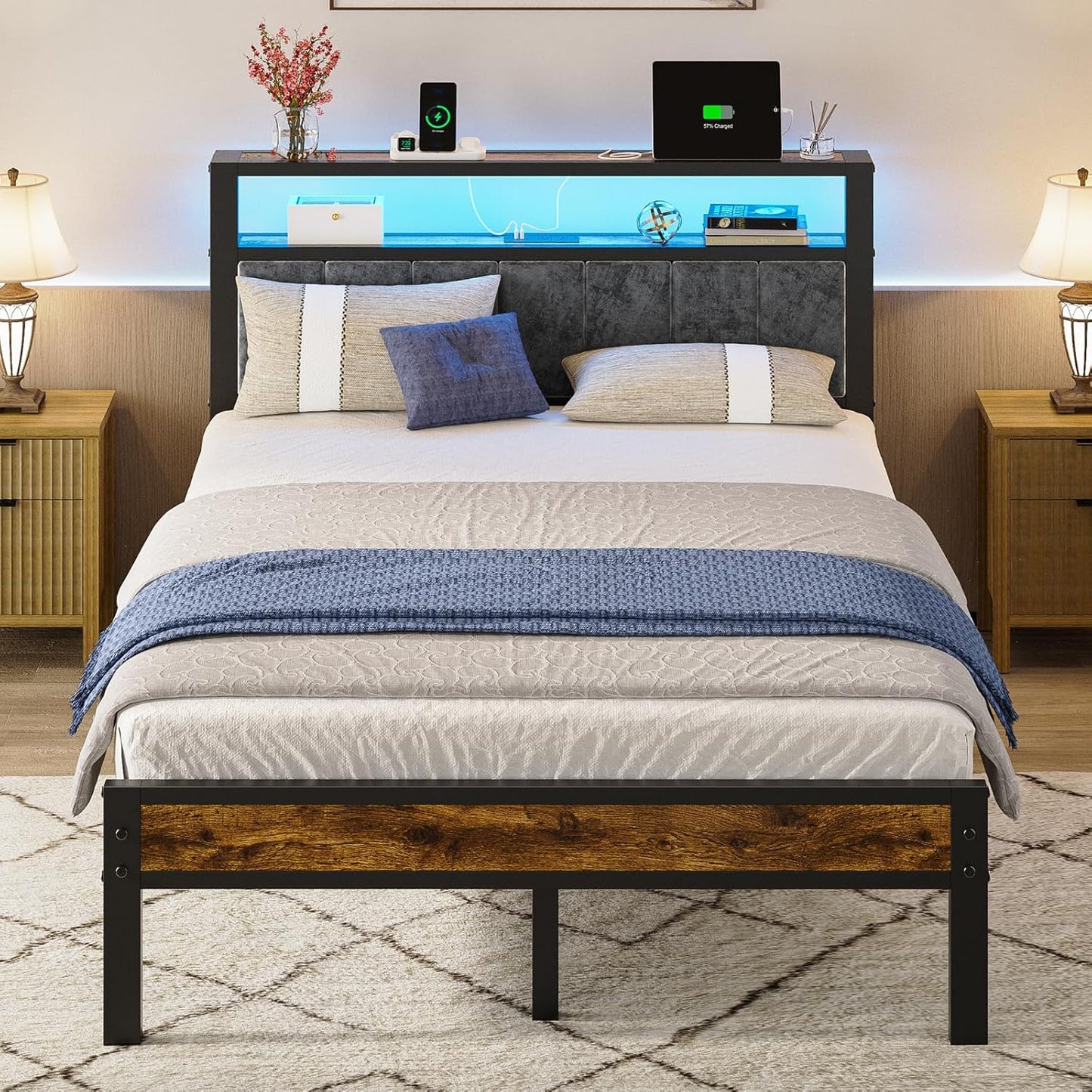 Queen Size Bed Frame with 2-Tier Storage Shelves Headboard, Platform Bed with Charging Station, LED Lights No Box Spring Needed Noise Free