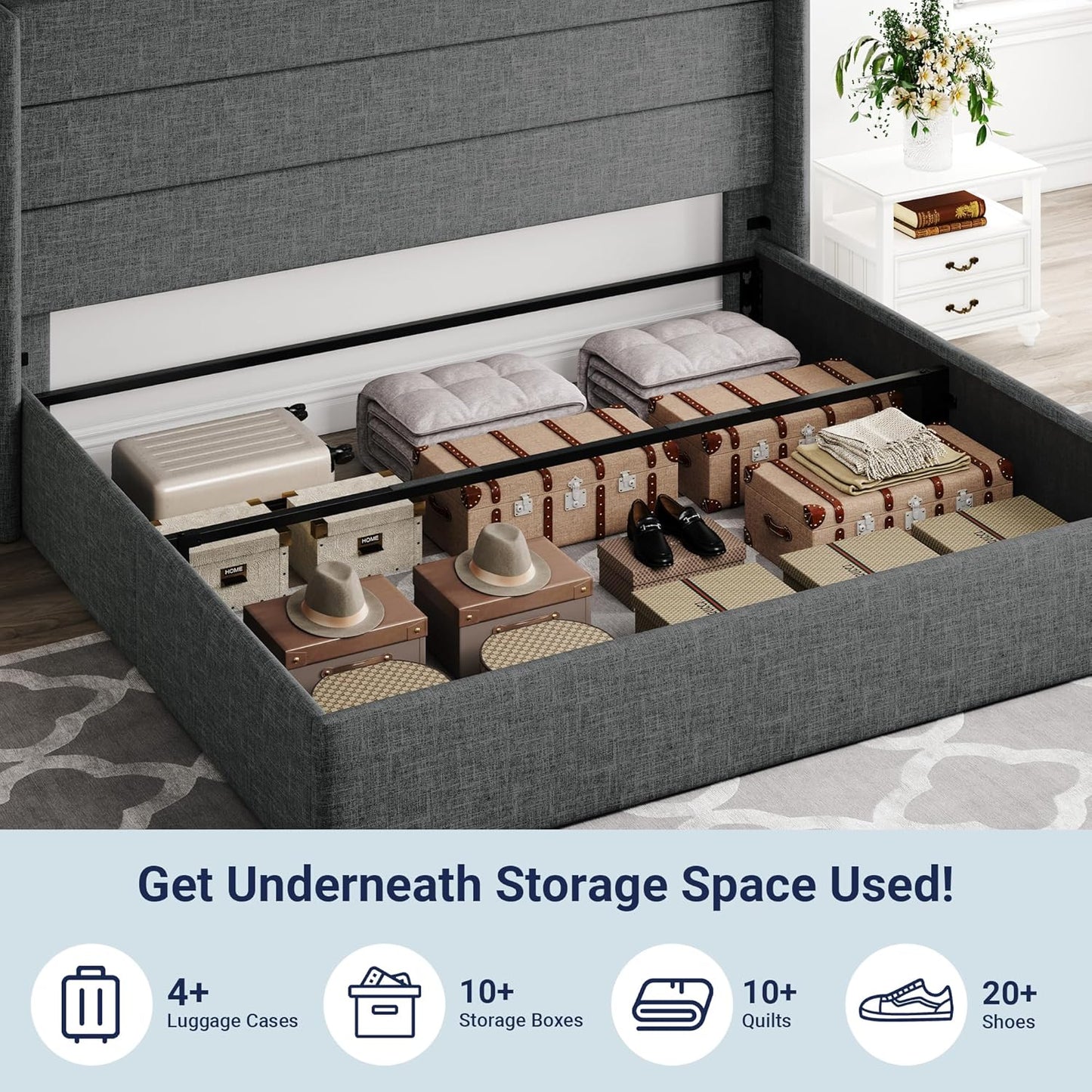 Allewie Queen Size Lift Up Storage Bed, Modern Wingback Headboard, Hydraulic Support, No Box Spring Needed, Light Beige