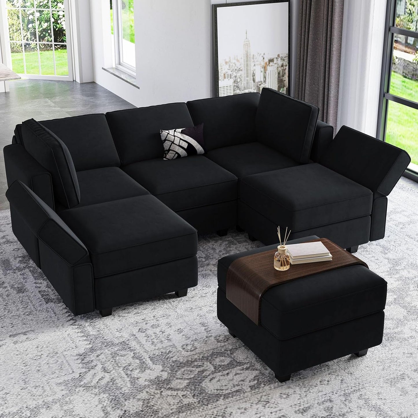 Belffin Modular Sectional Sofa with Ottomans Velvet Reversible Sleeper Chaise Bed Storage Seat Black