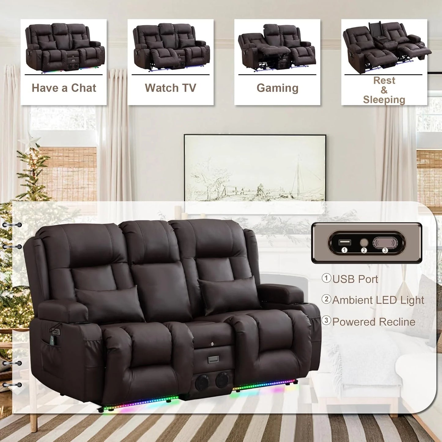 TUNYI Power Loveseat Recliner Sofa with Massage & Heat Home Theater Seating with Console Electric Recliner RV Sofa with USB/Outlet/Storage/Side Pocket/LED Light/Speaker (Brown, Loveseat)