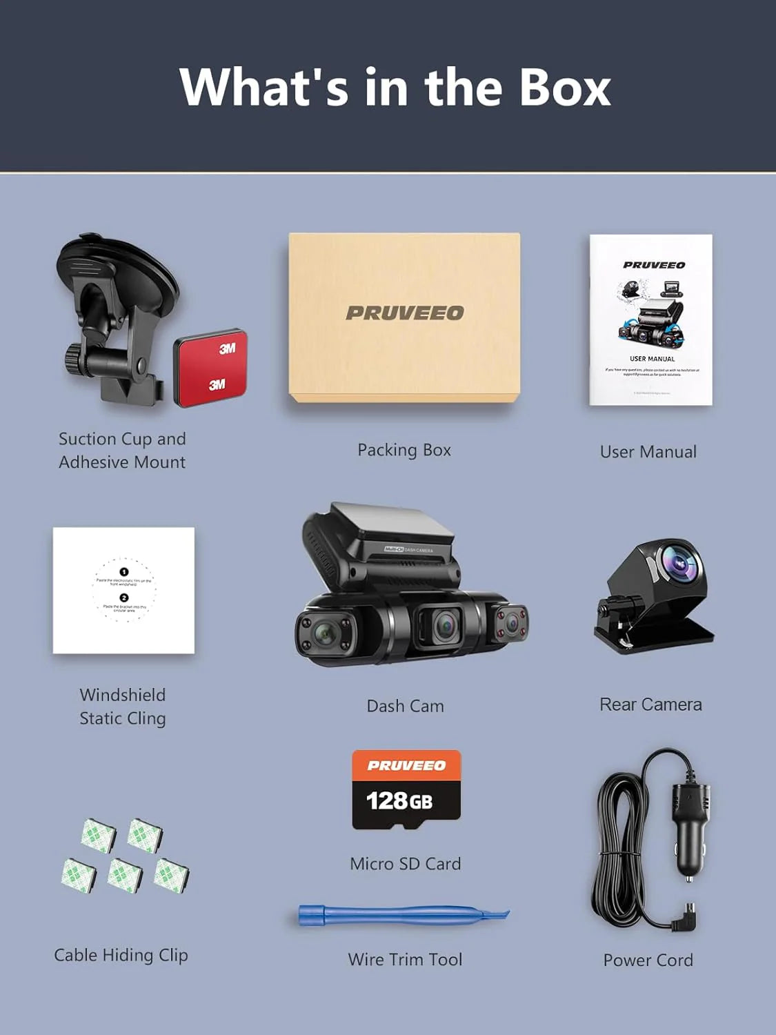 PRUVEEO 360-degree view car dash cam, built-in GPS WiFi night vision, 24/7 all-weather recording parking mode monitor, free 128G card