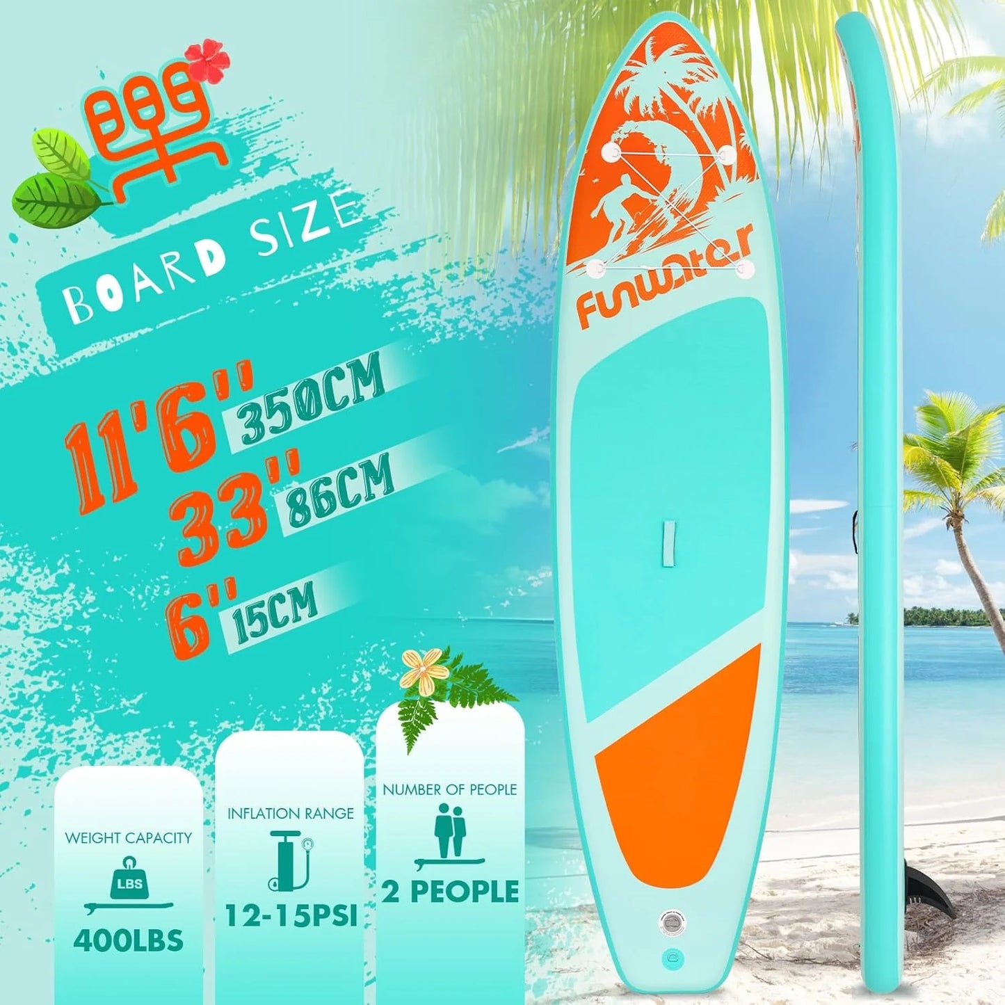 FunWater Inflatable Stand Up Paddle Board with Premium SUP Paddle Accessories, Non-Slip EVA Deck, 11'/10'6' Paddle