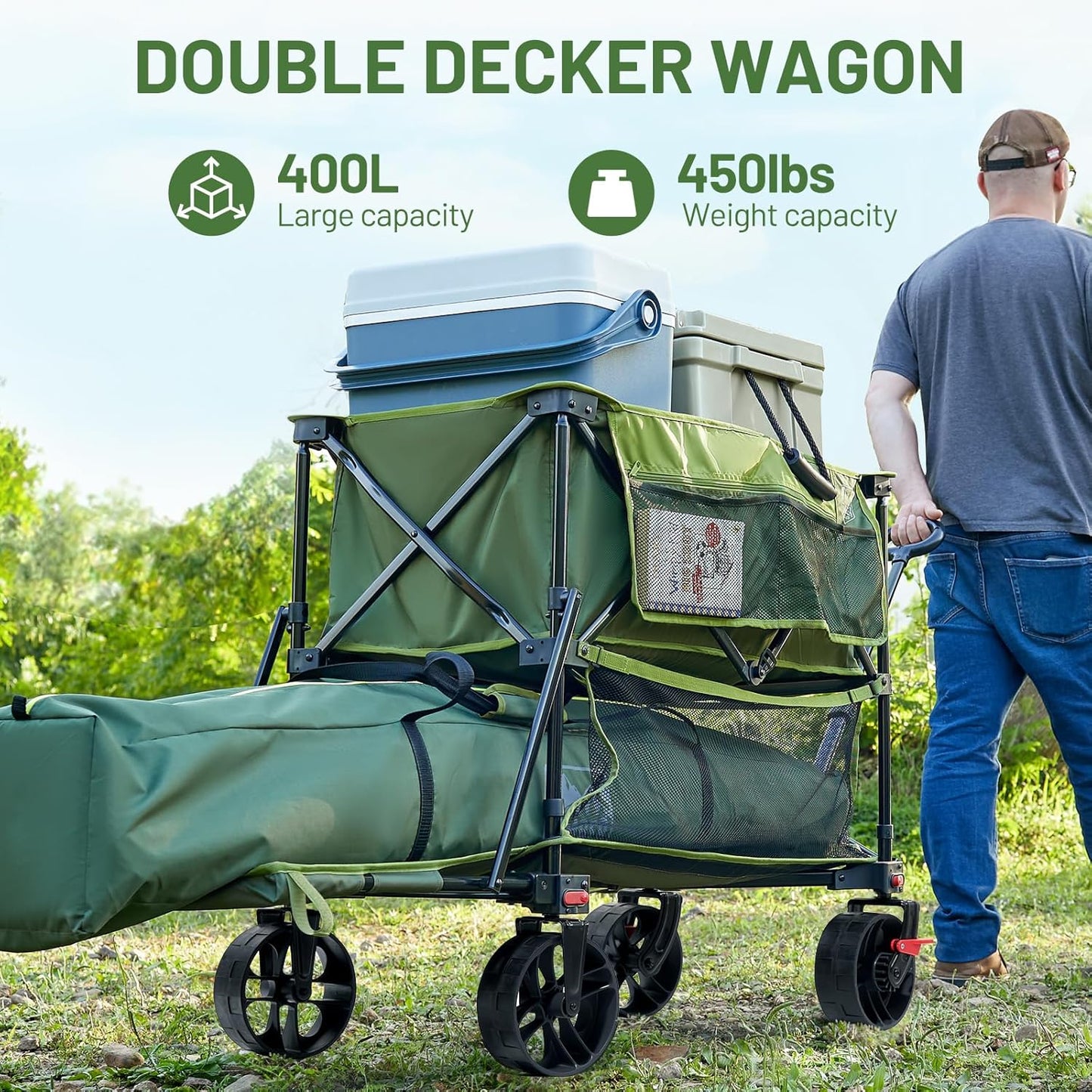 400L Large Capacity Folding Double Decker Cart with Brakes, 54 Inch Extra Long Extended Cart, 450 Pounds Heavy Duty Folding Cart