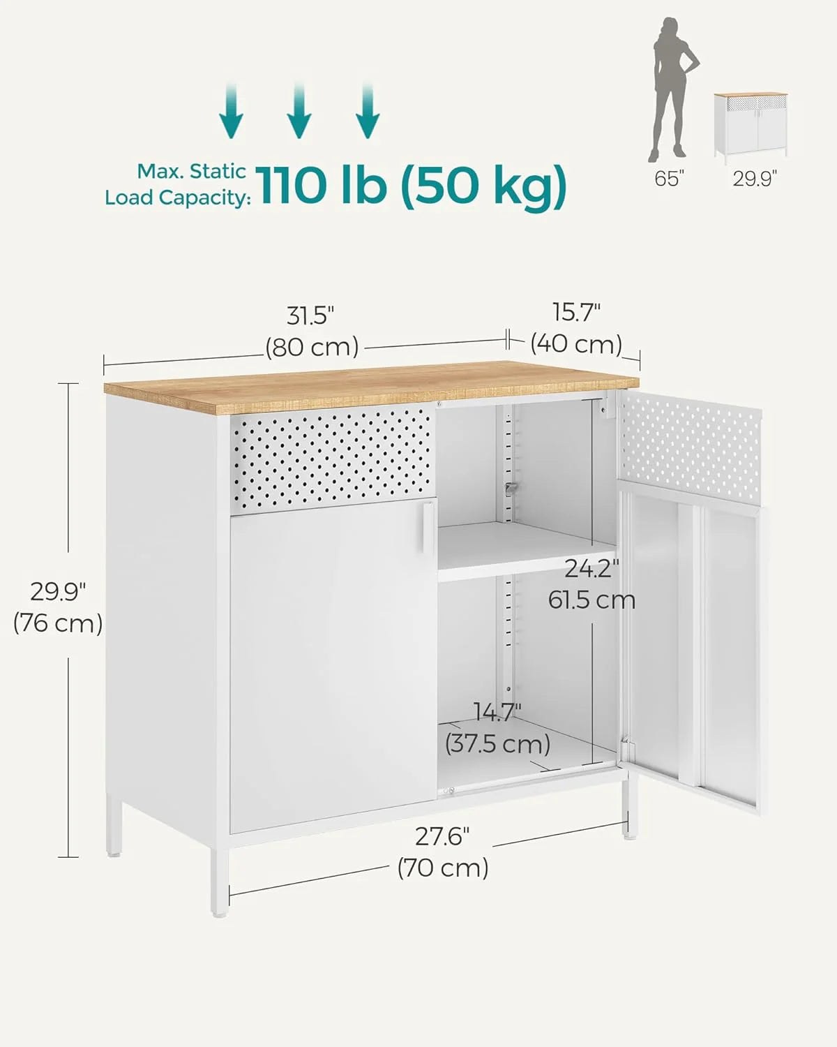 SONGMICS Storage Cabinet, Metal Cabinet, Sideboard with 2 Doors, 15.7 x 31.5 x 29.9 inches