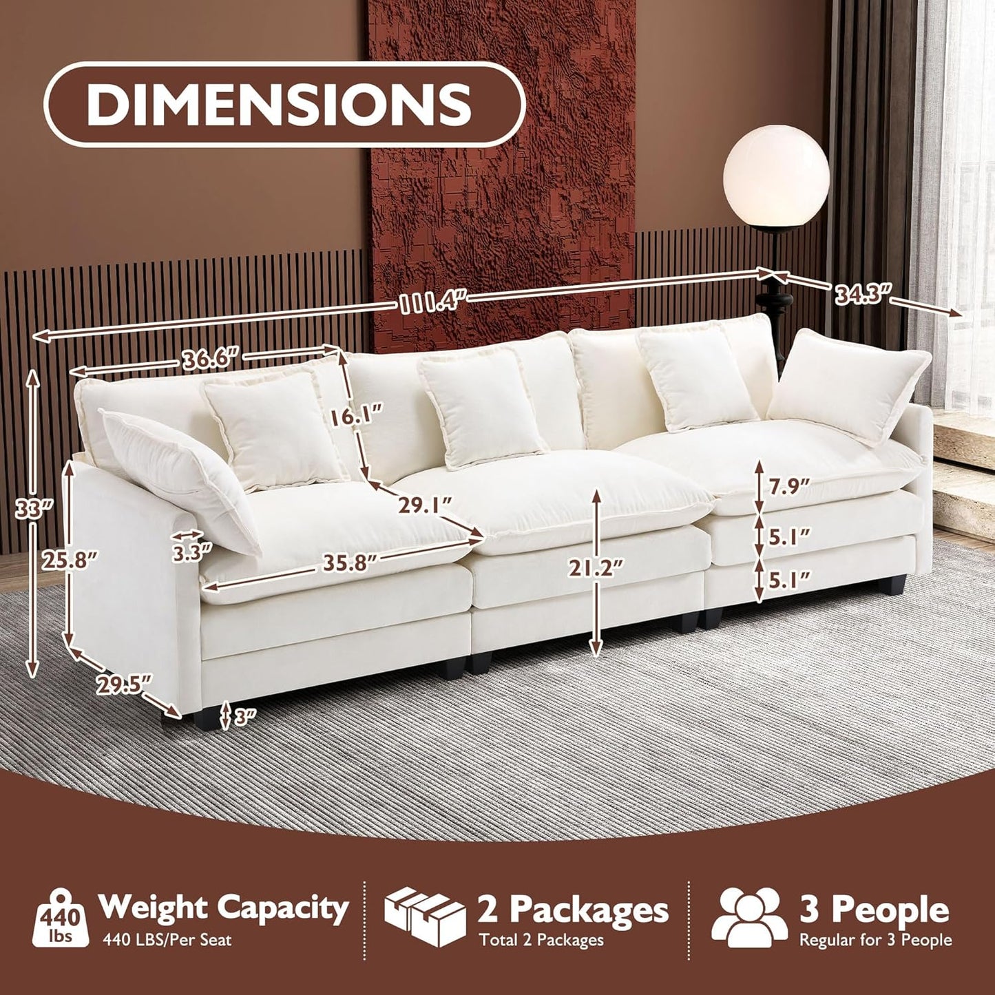 111.4 Inch L-Shaped Modern Sofa Modular Cloud Sofa with Ottoman, 4-Seater Chenille Deep Seat Sofa with Pillows for Living Room, Bedroom and Apartment, Beige