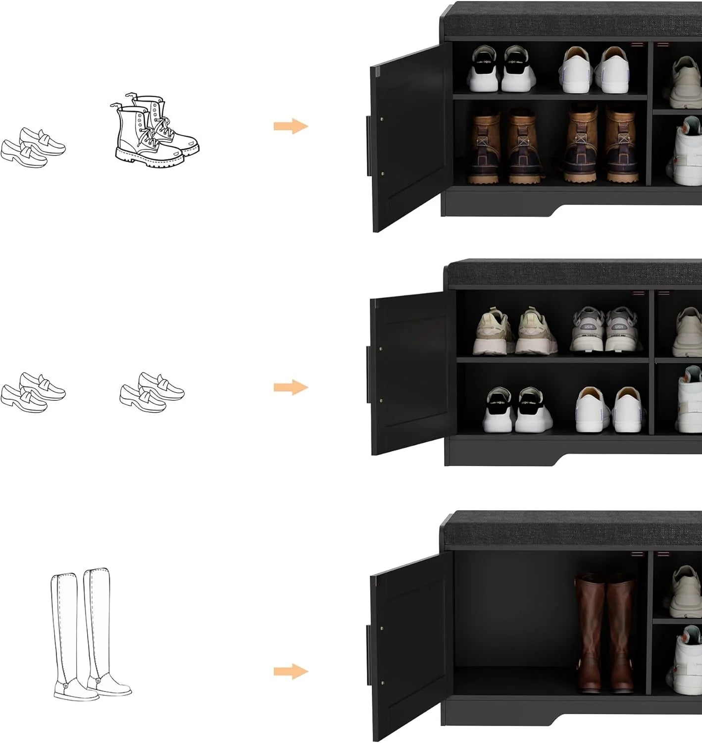 2-Tier Storage Bench, Shoe Bench with Thickened Padded Seat Cushion, Entryway Bench with 4 Doors, Adjustable Shelf