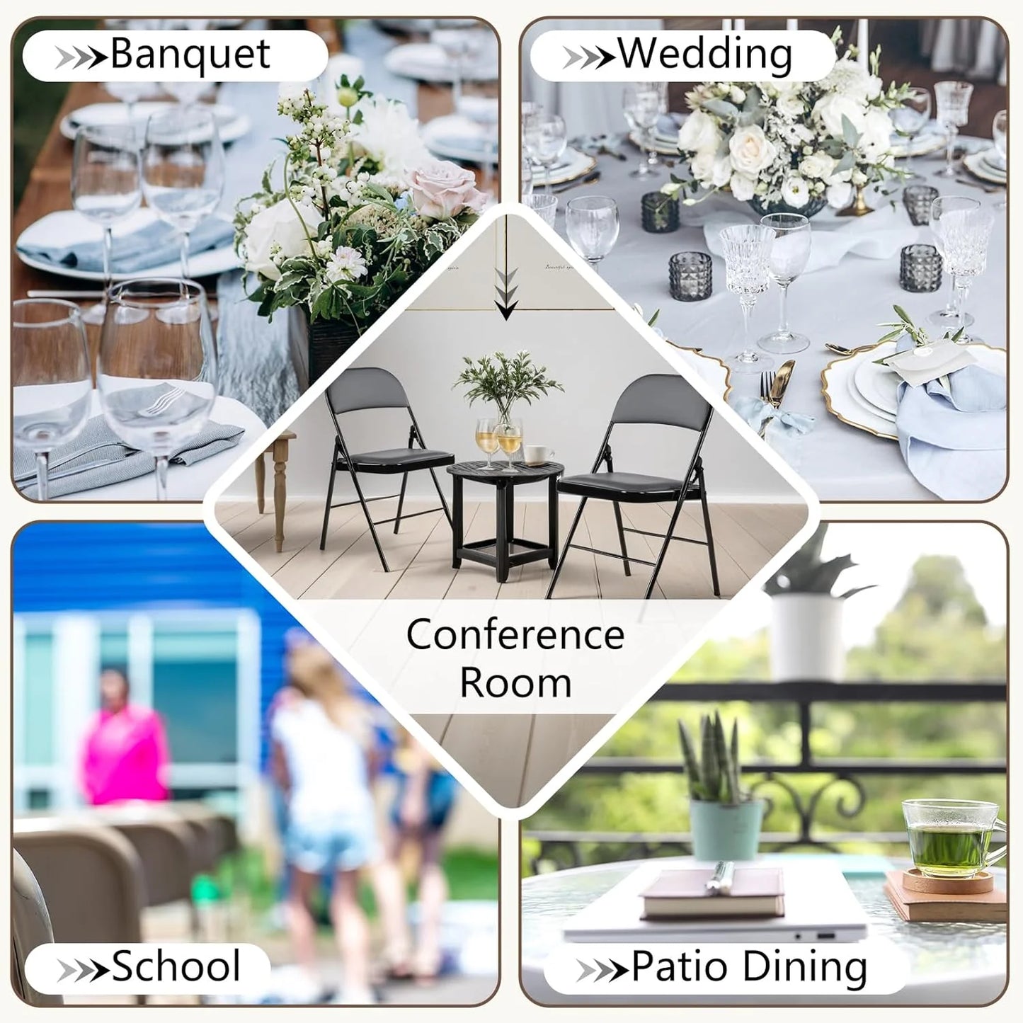 DUMOS 2 Pack Leather Padded Folding Chair, Indoor Outdoor Portable Stackable Commercial Seat