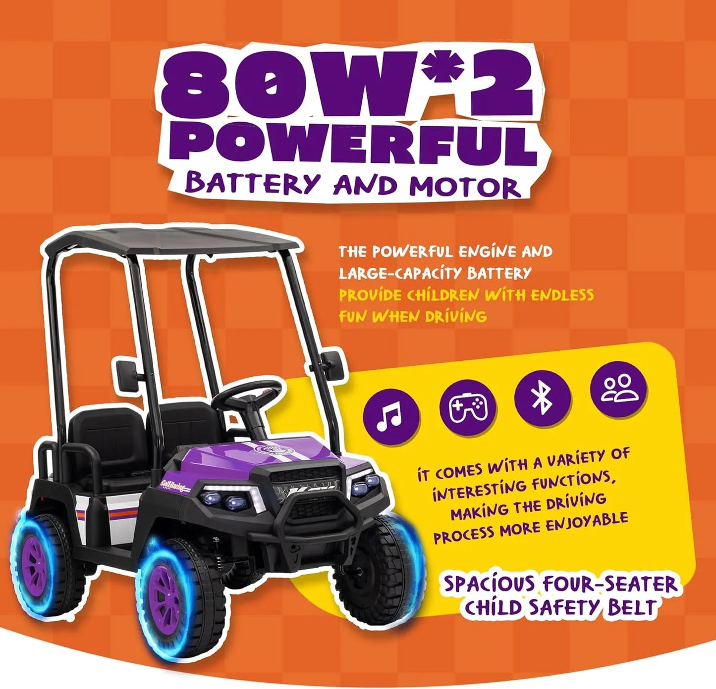 24V 7AH Children's Golf Cart with Remote Control, Removable Awning, 4-Wheel Spring Suspension