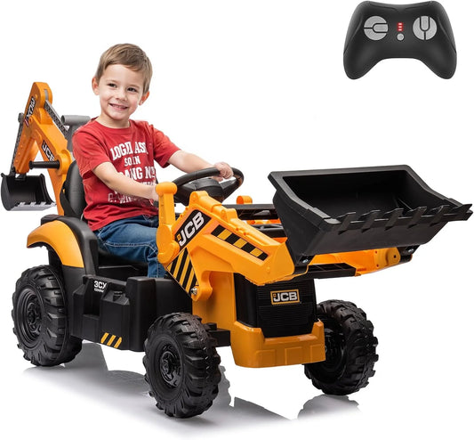 12V JCB Ride On Excavator, Ride on Toys for Kids 4-8, Electric Car for Kids with Tractor, Bulldozer, Digging Arm, Backhoe Toy Car with Slow Start/Stop, Adjustable Speeds