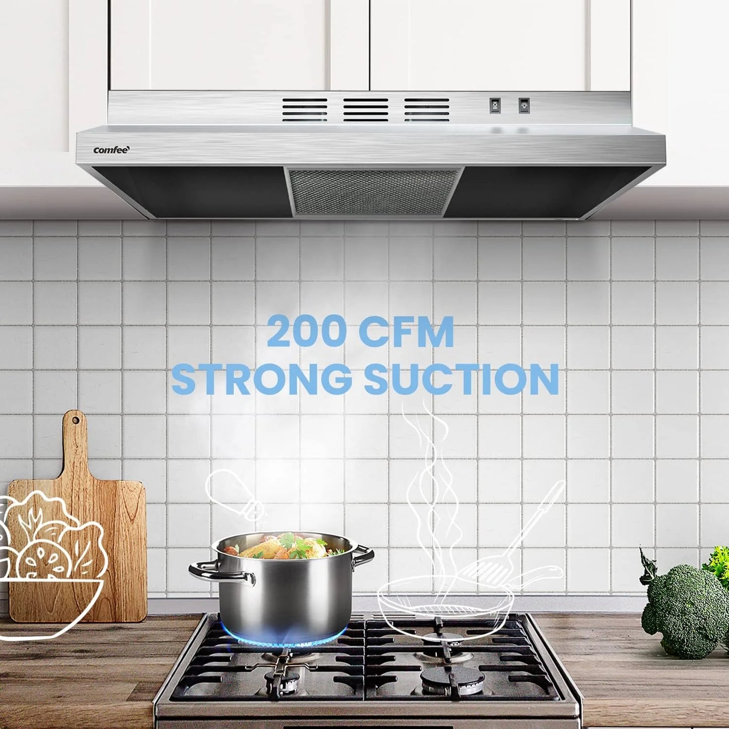 Comfee 30" Under Cabinet Ducted/Ductless Convertible Slim Vent Durable Stainless Steel Kitchen Reusable Filter