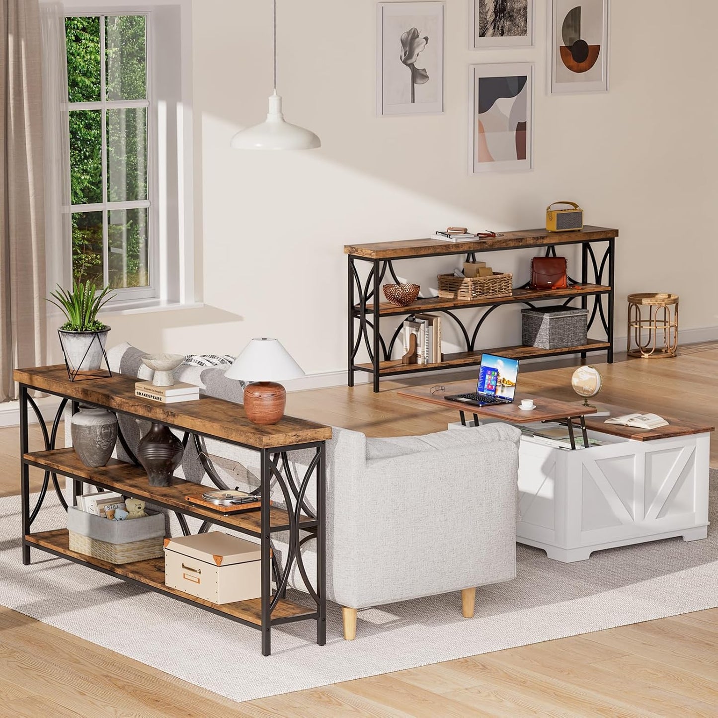 70.8 Inches Extra Long Console Table 3 Tiers Industrial Wood Entryway Sofa Table