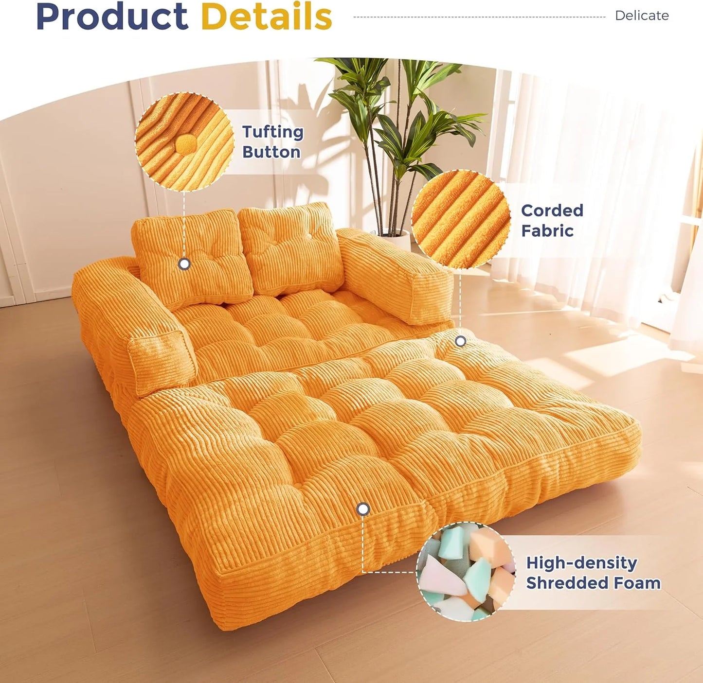 Folding Sofa Bed, L-Shaped Convertible Sofa Bed with Armrests and Pillows,