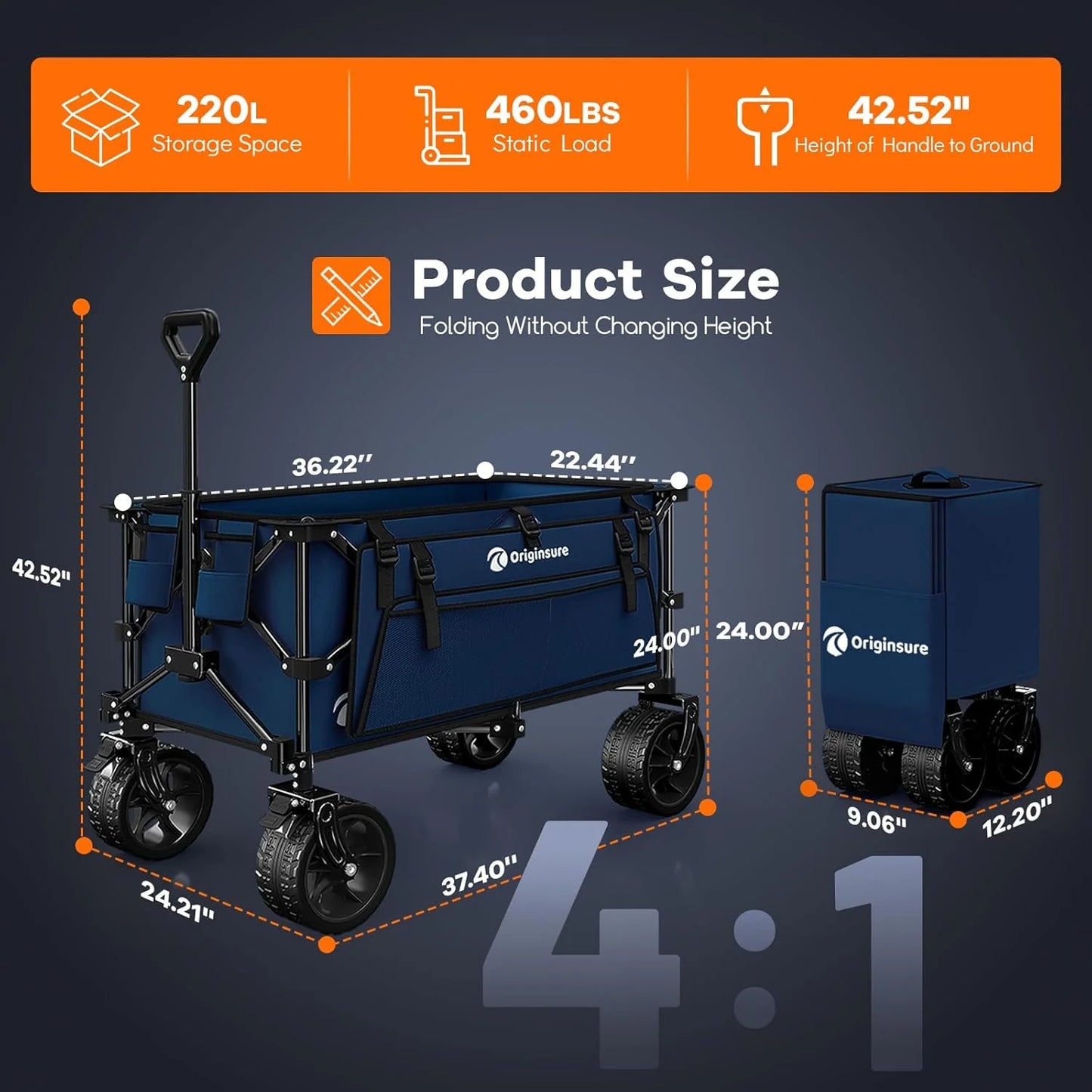 38" long foldable four-wheel stroller, foldable, 460 lb capacity, 220 liter heavy-duty folding beach stroller with large all-terrain tires