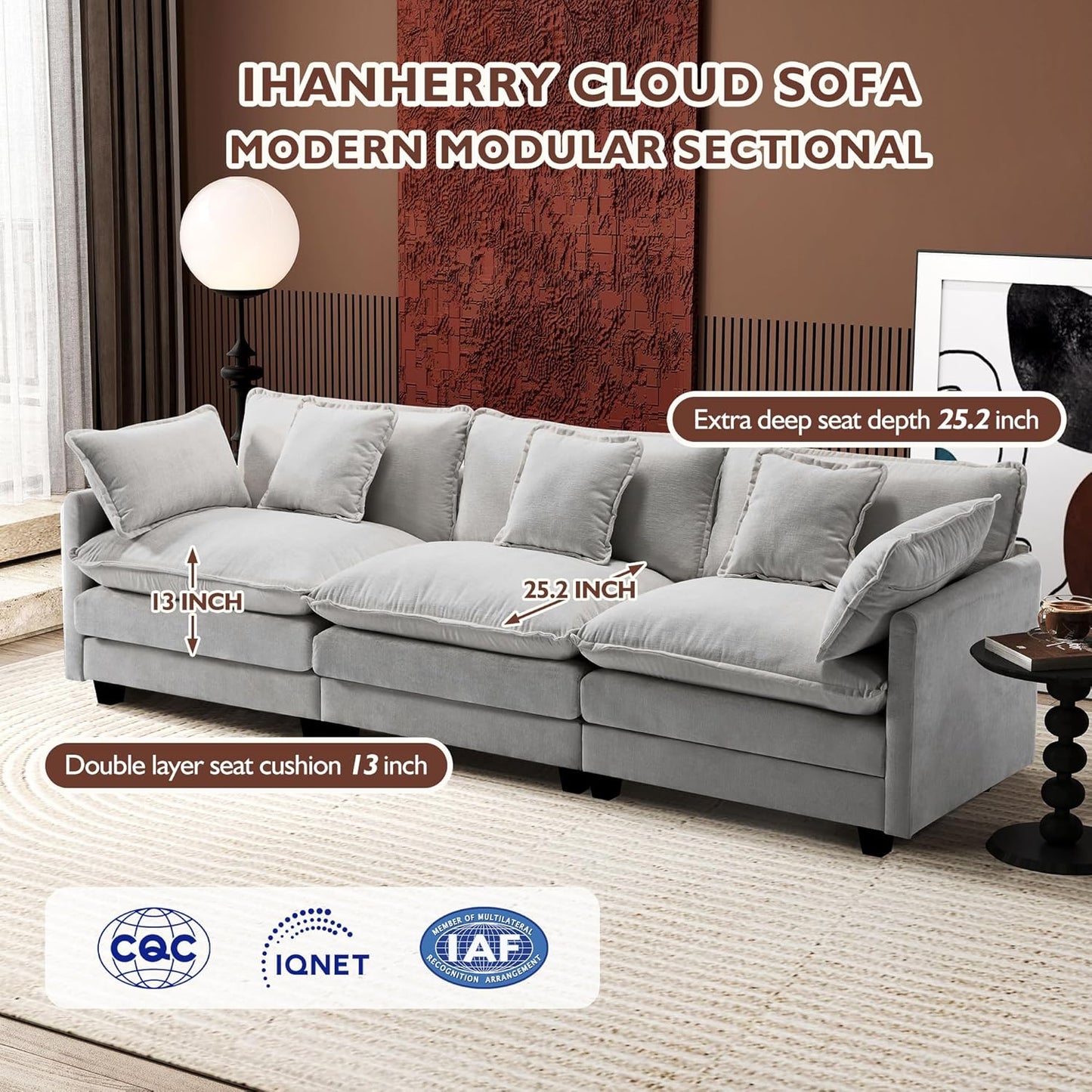 111.4 Inch L-Shaped Modern Sofa Modular Cloud Sofa with Ottoman, 4-Seater Chenille Deep Seat Sofa with Pillows for Living Room, Bedroom and Apartment, Beige