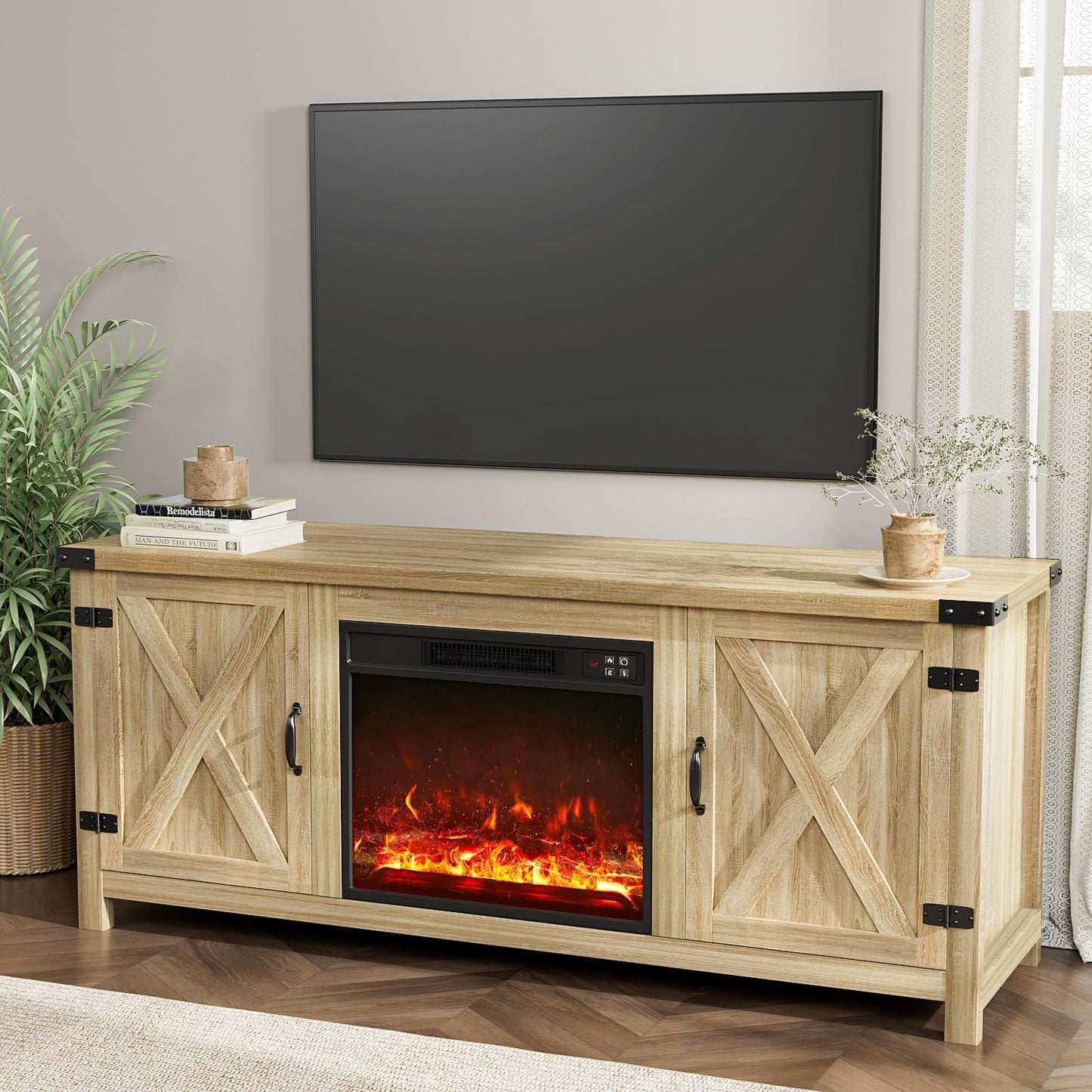 YESHOMY Fireplace TV Stand with Two Barn Doors and Storage Cabinets for Televisions up to 65+ Inch, Entertainment Center Console Table, Media Furniture for Living Room, 58 Inch