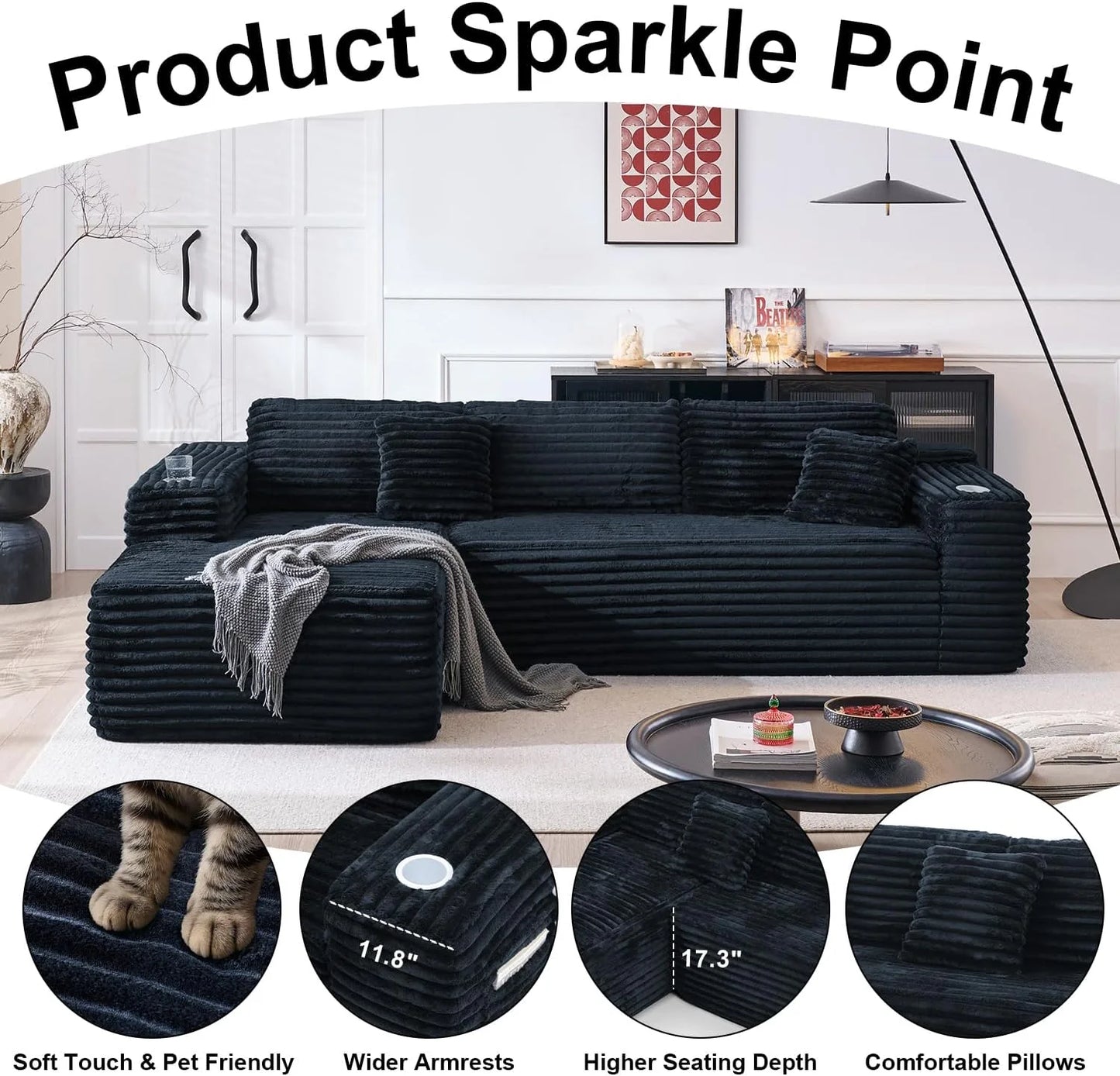 Cloud Sectional Couch with L-Shape Chaise, Modern Modular Sofa with Deep Seat, Built-in Cup Holder & Storage Pocket