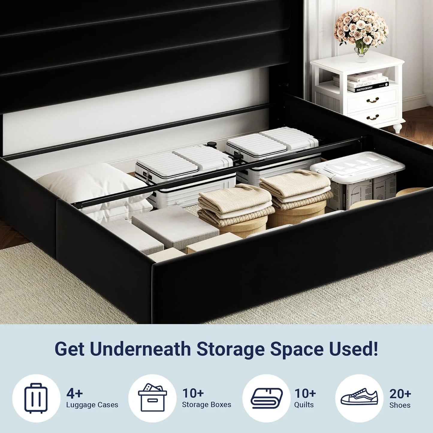 Allewie Queen Size Lift Up Storage Bed, Modern Wingback Headboard, Hydraulic Support, No Box Spring Needed, Light Beige