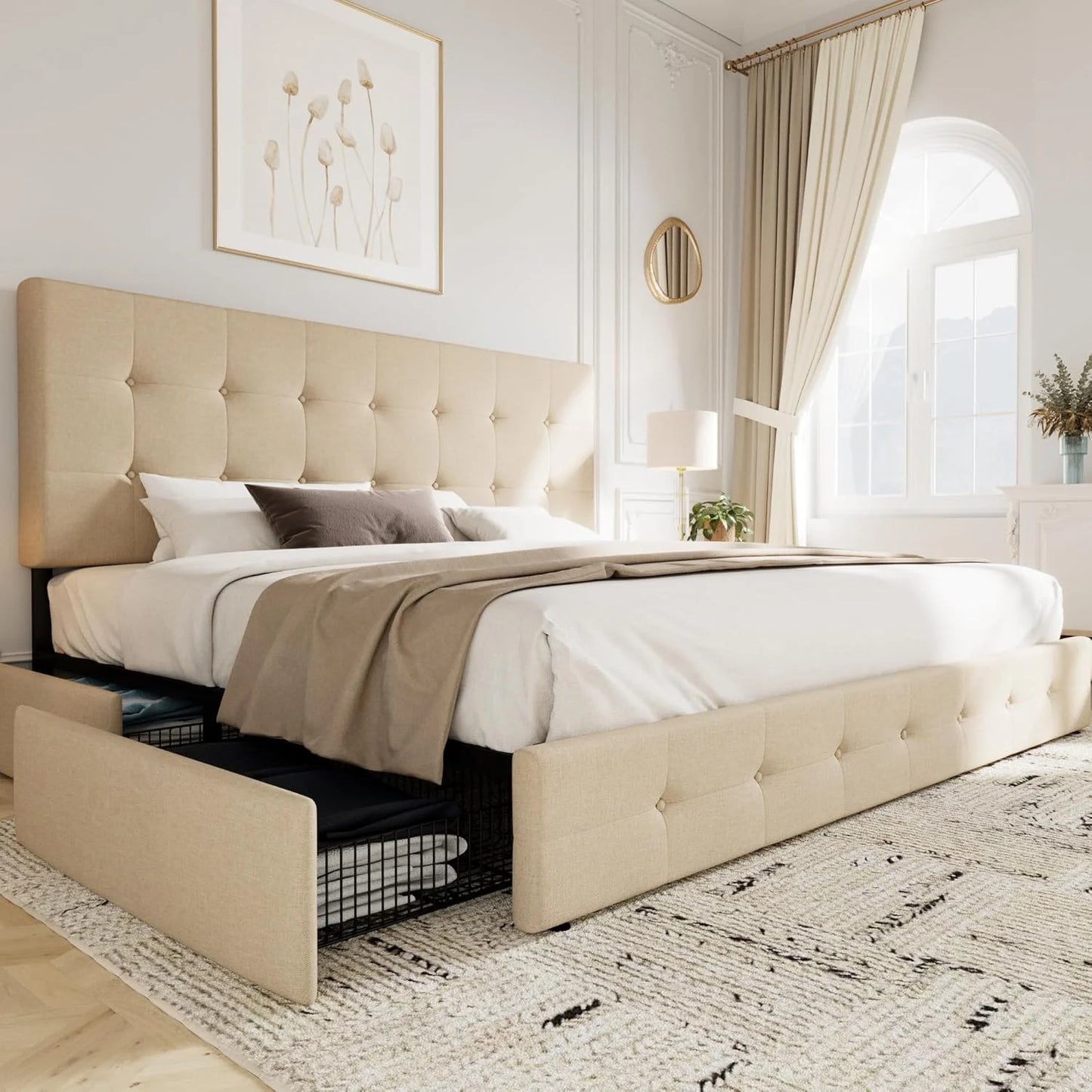 Allewie Upholstered Queen Size Platform Bed Frame with 4 Storage Drawers and Headboard, Square Stitched Button Tufted, Mattress Foundation with Wooden Slats Support, No Box Spring Needed