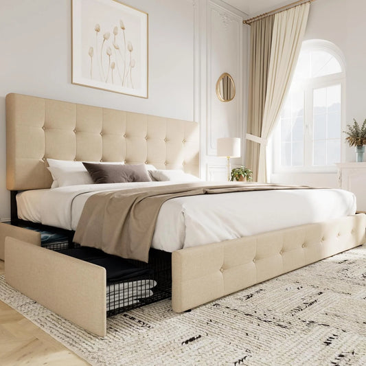 Allewie Upholstered Queen Size Platform Bed Frame with 4 Storage Drawers and Headboard, Square Stitched Button Tufted, Mattress Foundation with Wooden Slats Support, No Box Spring Needed