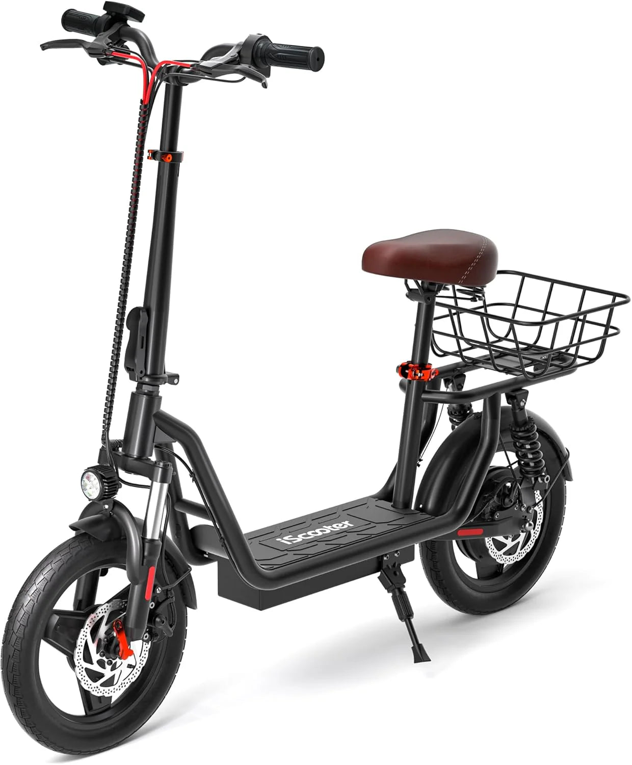 iScooter electric scooter with seat, 37/21 mile range, 28/19/15.6 mph top speed, dual suspension scooter with basket