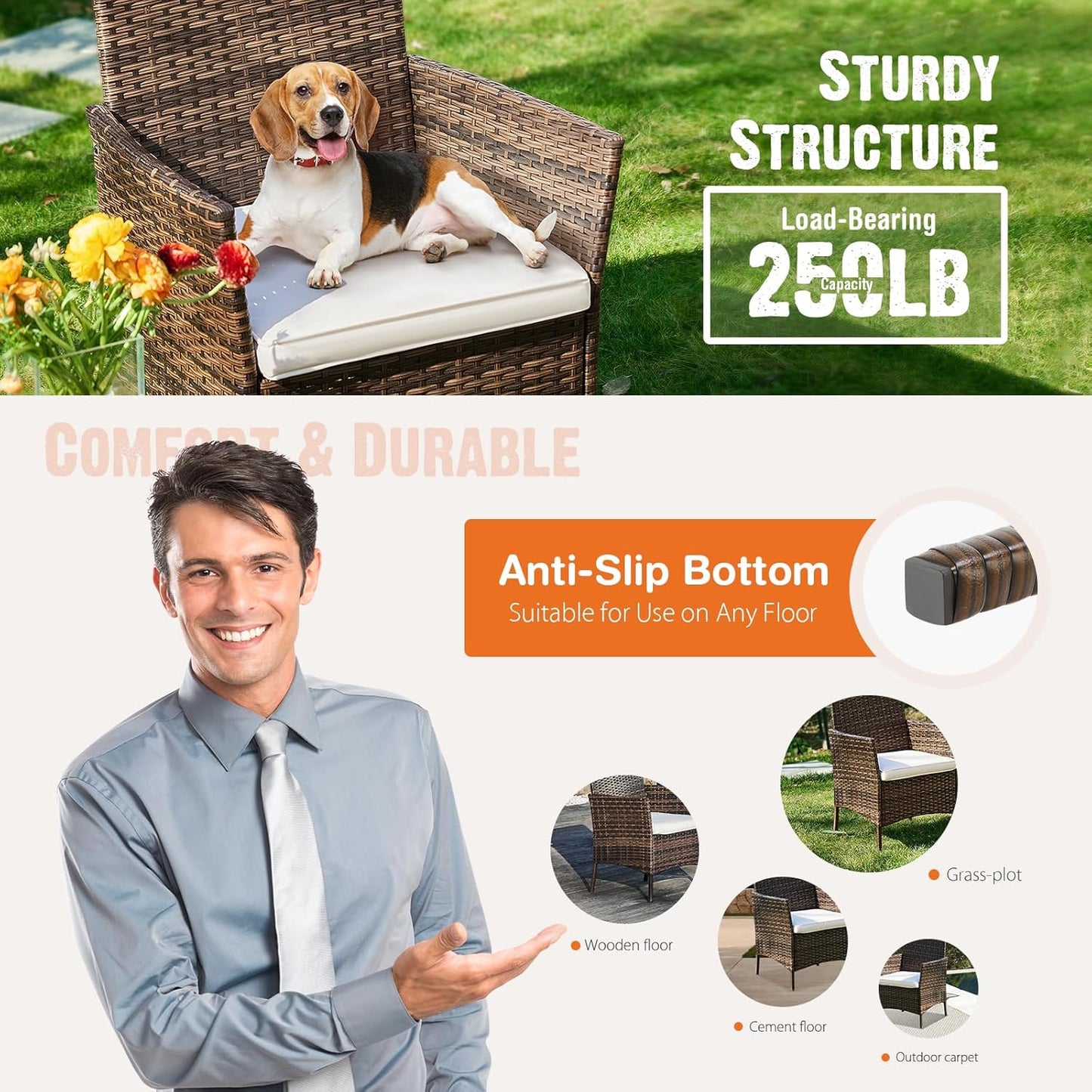 Sweetcripy Patio Furniture Set 3 Pieces, Outdoor Furniture with Soft Cushion and Glass Table, All Weather Manual Weaving Wicker Rattan Patio Chairs for Garden, Terrace, Porch(Black and Beige)