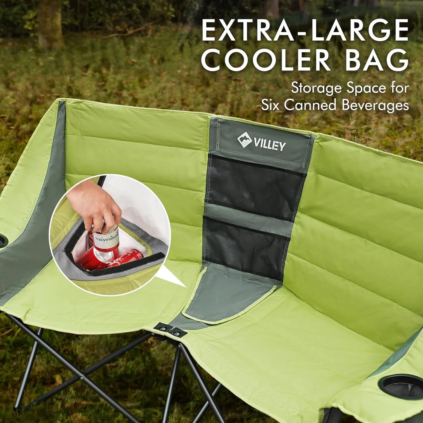 Double camping chair (with cooler bag), extra wide love seat, heavy duty padded camping sofa, portable folding chair