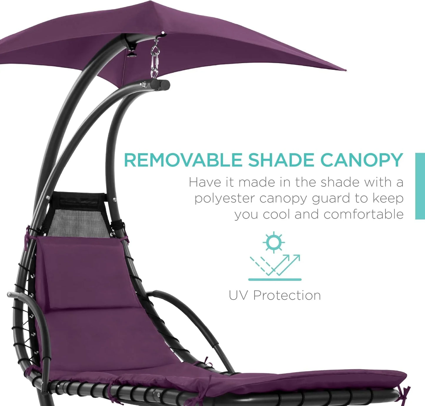 Best Choice Products Outdoor Hanging Curved Steel Chaise Lounge Chair Swing w/Built-in Pillow and Removable Canopy - Teal