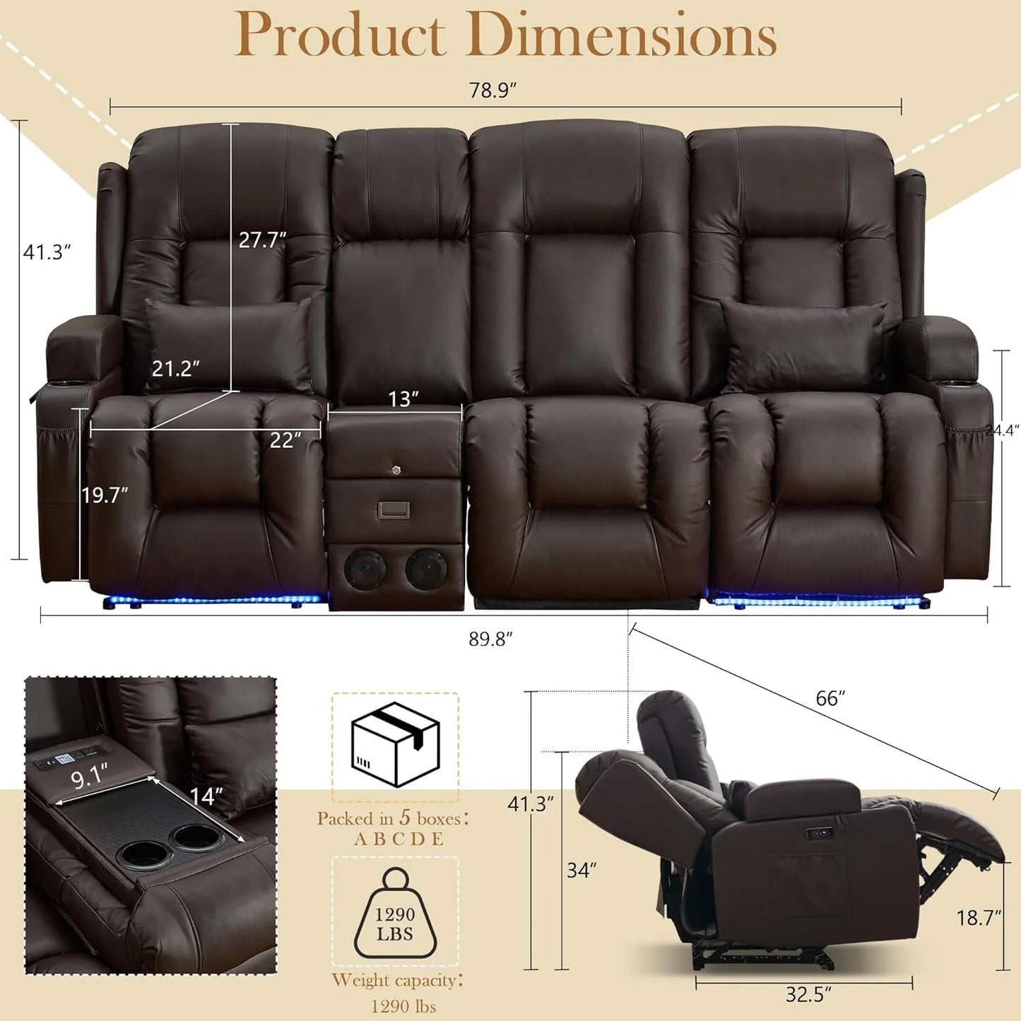TUNYI Power Loveseat Recliner Sofa with Massage & Heat Home Theater Seating with Console Electric Recliner RV Sofa with USB/Outlet/Storage/Side Pocket/LED Light/Speaker (Brown, Loveseat)