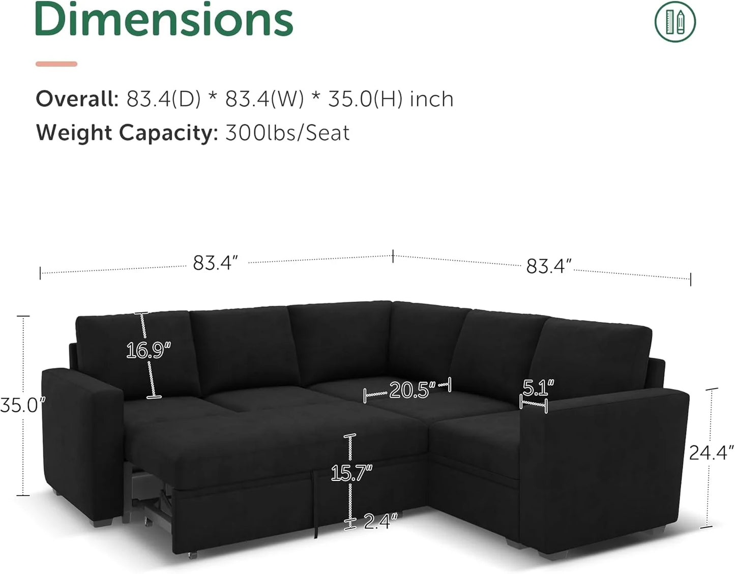 HONBAY Modular Sectional Sleeper Sofa with Pull Out Bed, L Shaped Couch with Storage Seat, Convertible Sectional Couches for Living Room
