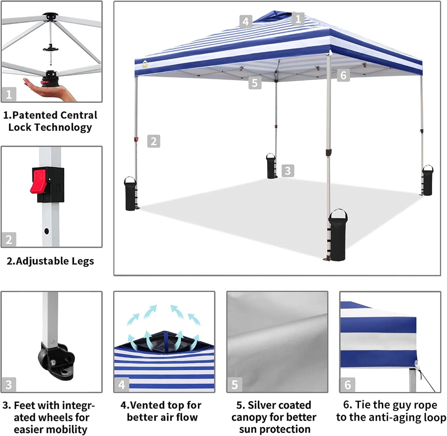10x10 Pop-Up Awning - One-Click Installation Beach Tent - Outdoor Sunshade Silver Coated Top, 3 Heights and 4 Sand Pockets