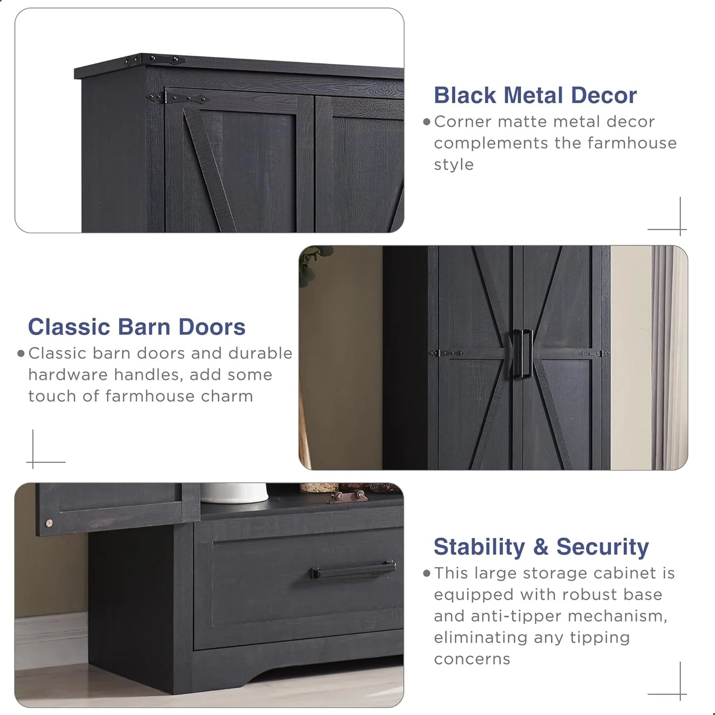 JXQTLINGMU Farmhouse Kitchen Pantry - 72" Tall Wood Kitchen Storage Cabinet with Adjustable Shelves and 2 Barn-Style Doors and Drawers